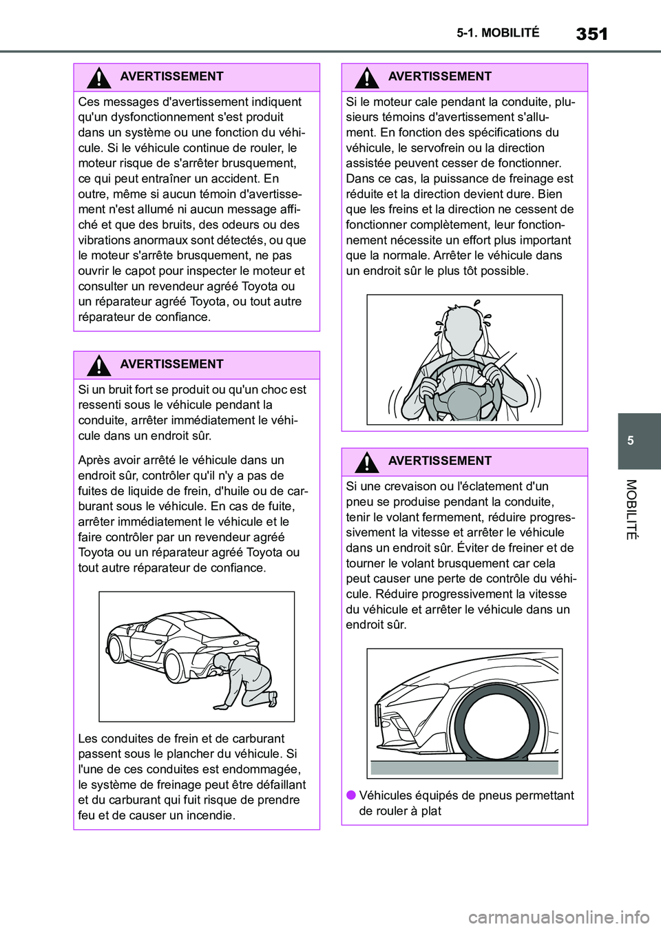 TOYOTA SUPRA 2021 Notices Demploi (in French) 351
5 5-1. MOBILITÉ
MOBILITÉ
Supra Owners Manual_K (from Nov. 20 Prod.)
AVERTISSEMENT
Ces messages davertissement indiquent
quun dysfonctionnement sest produit
dans un système ou une fonctio TOYOTA SUPRA 2021 Notices Demploi (in French) 351
5 5-1. MOBILITÉ
MOBILITÉ
Supra Owners Manual_K (from Nov. 20 Prod.)
AVERTISSEMENT
Ces messages davertissement indiquent
quun dysfonctionnement sest produit
dans un système ou une fonctio