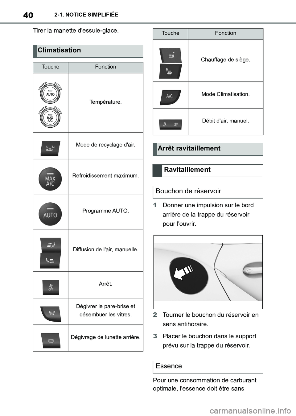 TOYOTA SUPRA 2021  Notices Demploi (in French) 402-1. NOTICE SIMPLIFIÉE
Supra Owners Manual_K (from Nov. 20 Prod.)Tirer la manette dessuie-glace.
1Donner une impulsion sur le bord 
arrière de la trappe du réservoir 
pour louvrir.
2Tourner l
