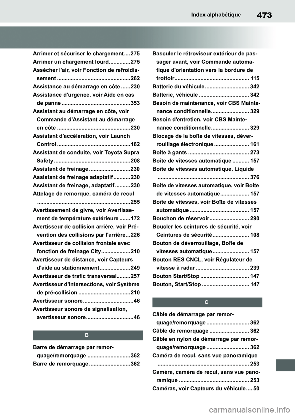 TOYOTA SUPRA 2021 Notices Demploi (in French) 473Index alphabétique
Supra Owners Manual_K (from Nov. 20 Prod.)
Arrimer et sécuriser le chargement .... 275
Arrimer un chargement lourd.............. 275
Assécher lair, voir Fonction de refroid TOYOTA SUPRA 2021 Notices Demploi (in French) 473Index alphabétique
Supra Owners Manual_K (from Nov. 20 Prod.)
Arrimer et sécuriser le chargement .... 275
Arrimer un chargement lourd.............. 275
Assécher lair, voir Fonction de refroid