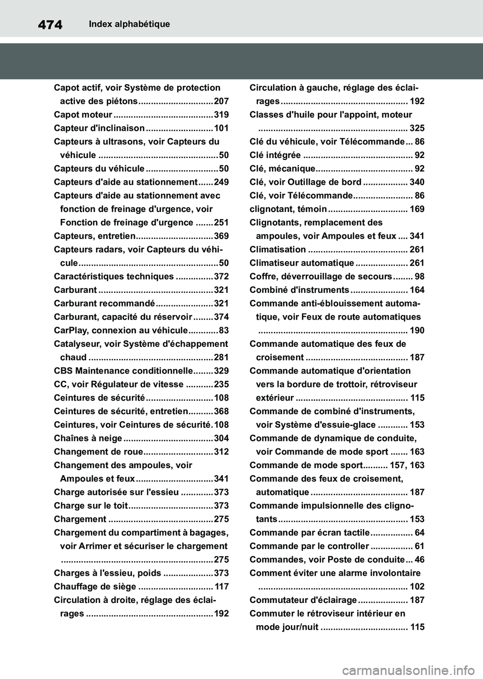 TOYOTA SUPRA 2021 Notices Demploi (in French) 474Index alphabétique
Supra Owners Manual_K (from Nov. 20 Prod.)
Capot actif, voir Système de protection
active des piétons.............................. 207
Capot moteur ....................... TOYOTA SUPRA 2021 Notices Demploi (in French) 474Index alphabétique
Supra Owners Manual_K (from Nov. 20 Prod.)
Capot actif, voir Système de protection
active des piétons.............................. 207
Capot moteur .......................