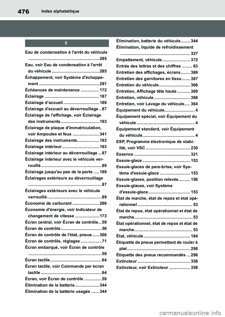 TOYOTA SUPRA 2021 Notices Demploi (in French) 476Index alphabétique
Supra Owners Manual_K (from Nov. 20 Prod.)
E
Eau de condensation à larrêt du véhicule
............................................................. 285
Eau, voir Eau de co TOYOTA SUPRA 2021 Notices Demploi (in French) 476Index alphabétique
Supra Owners Manual_K (from Nov. 20 Prod.)
E
Eau de condensation à larrêt du véhicule
............................................................. 285
Eau, voir Eau de co