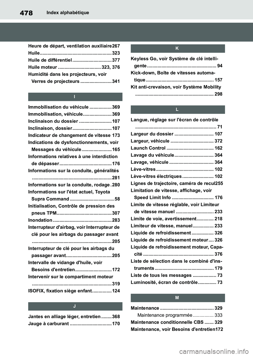 TOYOTA SUPRA 2021 Notices Demploi (in French) 478Index alphabétique
Supra Owners Manual_K (from Nov. 20 Prod.)
Heure de départ, ventilation auxiliaire267
Huile....................................................... 323
Huile de différentiel TOYOTA SUPRA 2021 Notices Demploi (in French) 478Index alphabétique
Supra Owners Manual_K (from Nov. 20 Prod.)
Heure de départ, ventilation auxiliaire267
Huile....................................................... 323
Huile de différentiel