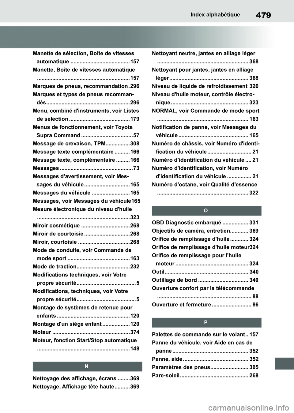 TOYOTA SUPRA 2021 Notices Demploi (in French) 479Index alphabétique
Supra Owners Manual_K (from Nov. 20 Prod.)
Manette de sélection, Boîte de vitesses
automatique ....................................... 157
Manette, Boîte de vitesses autom TOYOTA SUPRA 2021 Notices Demploi (in French) 479Index alphabétique
Supra Owners Manual_K (from Nov. 20 Prod.)
Manette de sélection, Boîte de vitesses
automatique ....................................... 157
Manette, Boîte de vitesses autom