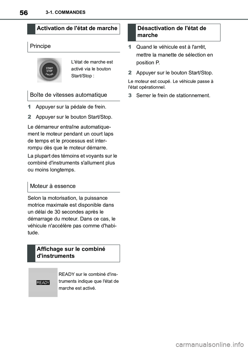 TOYOTA SUPRA 2021 Notices Demploi (in French) 563-1. COMMANDES
Supra Owners Manual_K (from Nov. 20 Prod.)1Appuyer sur la pédale de frein.
2Appuyer sur le bouton Start/Stop.
Le démarreur entraîne automatique-
ment le moteur pendant un court l TOYOTA SUPRA 2021 Notices Demploi (in French) 563-1. COMMANDES
Supra Owners Manual_K (from Nov. 20 Prod.)1Appuyer sur la pédale de frein.
2Appuyer sur le bouton Start/Stop.
Le démarreur entraîne automatique-
ment le moteur pendant un court l