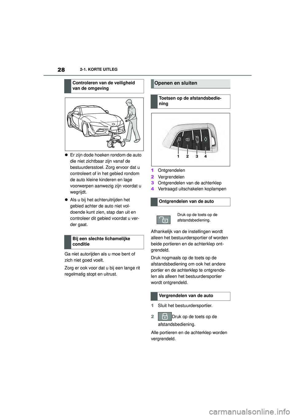 TOYOTA SUPRA 2021  Instructieboekje (in Dutch) 282-1. KORTE UITLEG
Handleiding Supra_NL (vanaf productiedatum nov. 2020)
 Er zijn dode hoeken rondom de auto 
die niet zichtbaar zijn vanaf de 
bestuurdersstoel. Zorg ervoor dat u 
controleert of 