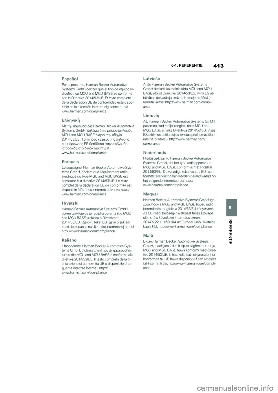 TOYOTA SUPRA 2021  Instructieboekje (in Dutch) 413
6
6-1. REFERENTIE
REFERENTIE
Handleiding Supra_NL (vanaf productiedatum nov. 2020)
Supra_OM_General_OM99X84E_1_2011.book  Page 413  Thursday, October 8, 2020  9:53 AM 