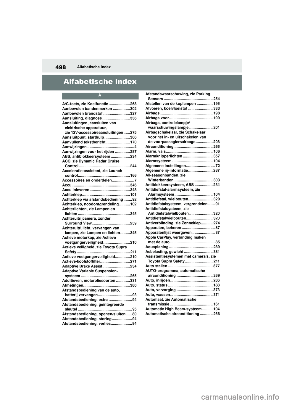 TOYOTA SUPRA 2021  Instructieboekje (in Dutch) 498Alfabetische index
Handleiding Supra_NL (vanaf productiedatum nov. 2020)
Alfabetische index
A
A/C-toets, zie Koelfunctie .................... 268
Aanbevolen bandenmerken ................ 302
Aanbev