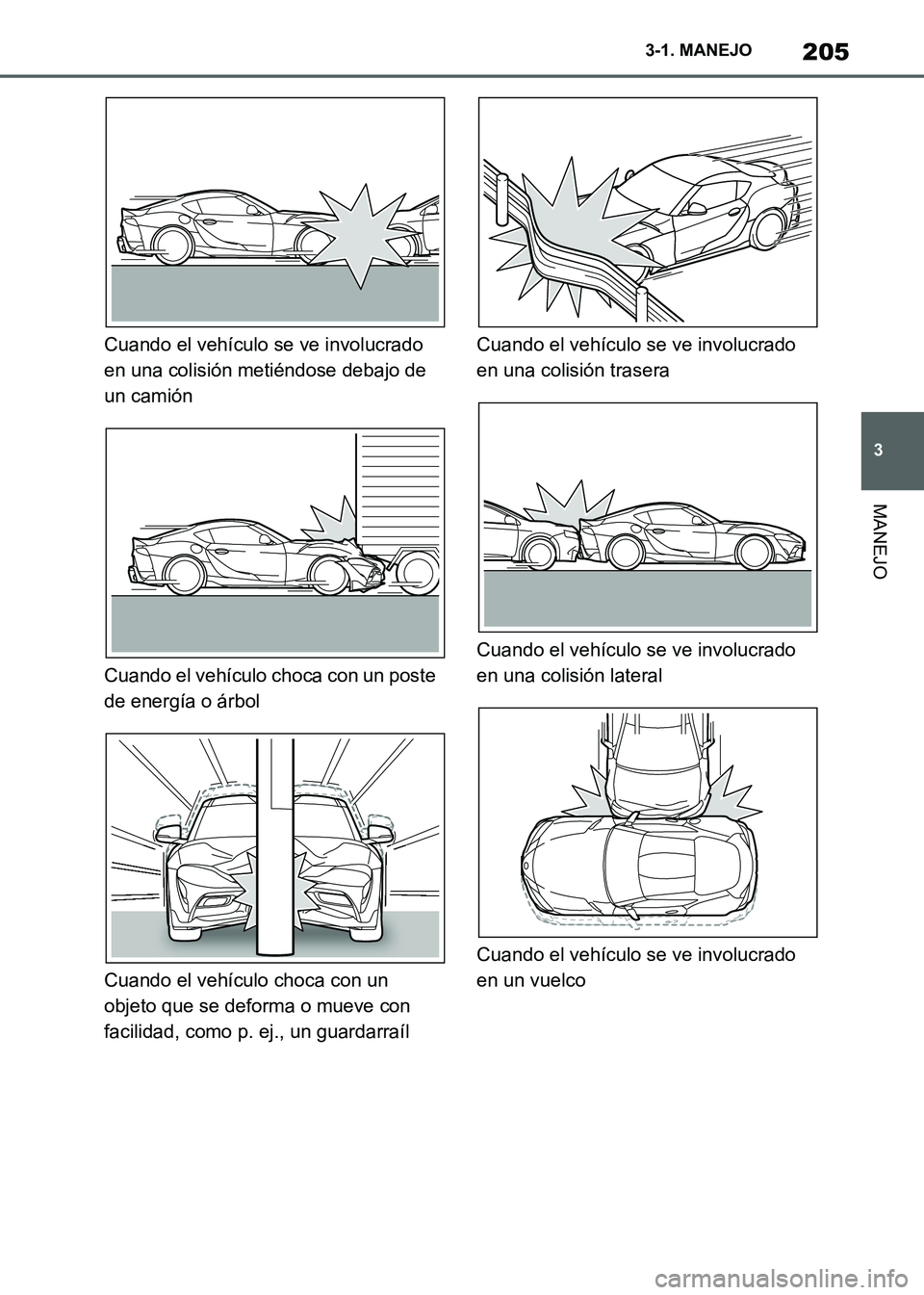 TOYOTA SUPRA 2021  Manuale de Empleo (in Spanish) 205
3 3-1. MANEJO
MANEJO
Supra Owners Manual_S (from Nov. 20 Prod.)Cuando el vehículo se ve involucrado 
en una colisión metiéndose debajo de 
un camión
Cuando el vehículo choca con un poste 
d