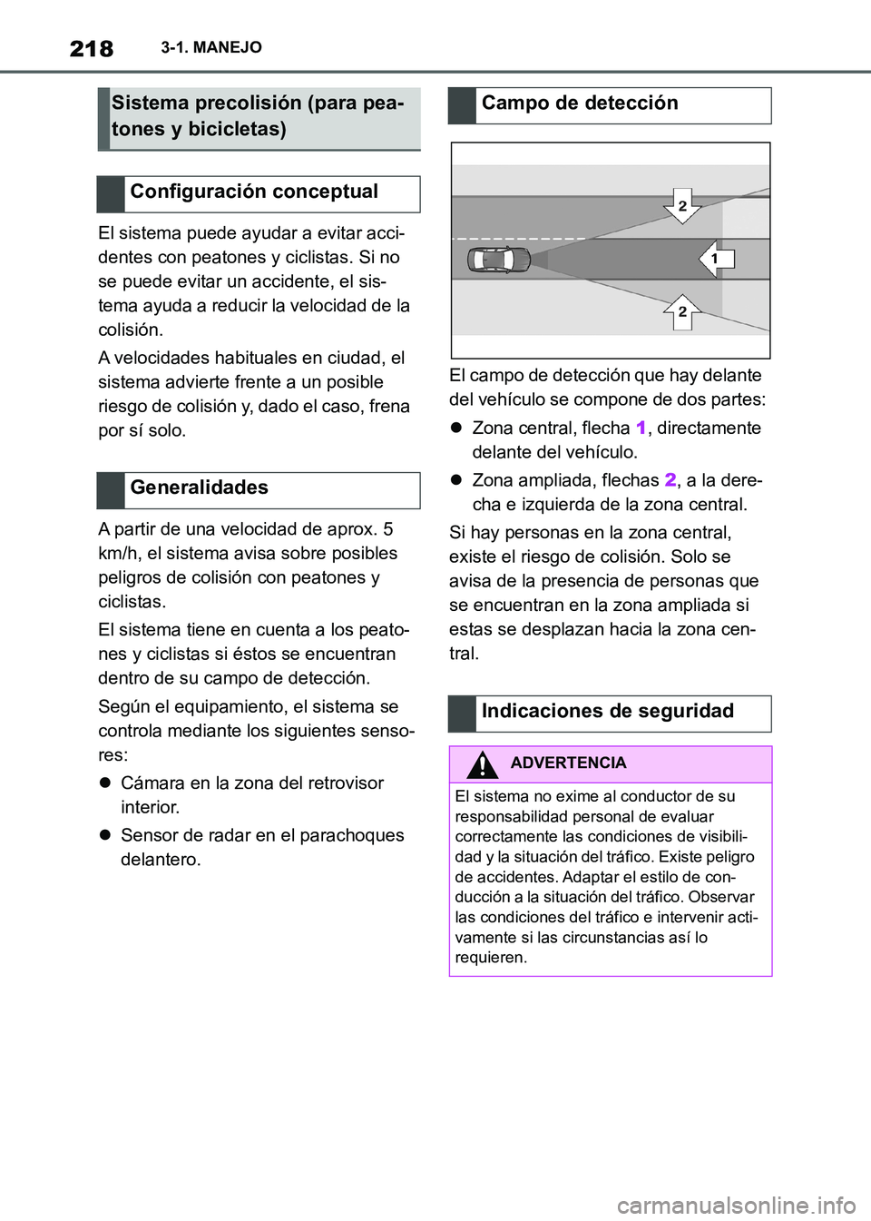 TOYOTA SUPRA 2021  Manuale de Empleo (in Spanish) 2183-1. MANEJO
Supra Owners Manual_S (from Nov. 20 Prod.)El sistema puede ayudar a evitar acci-
dentes con peatones y ciclistas. Si no 
se puede evitar un accidente, el sis-
tema ayuda a reducir la 