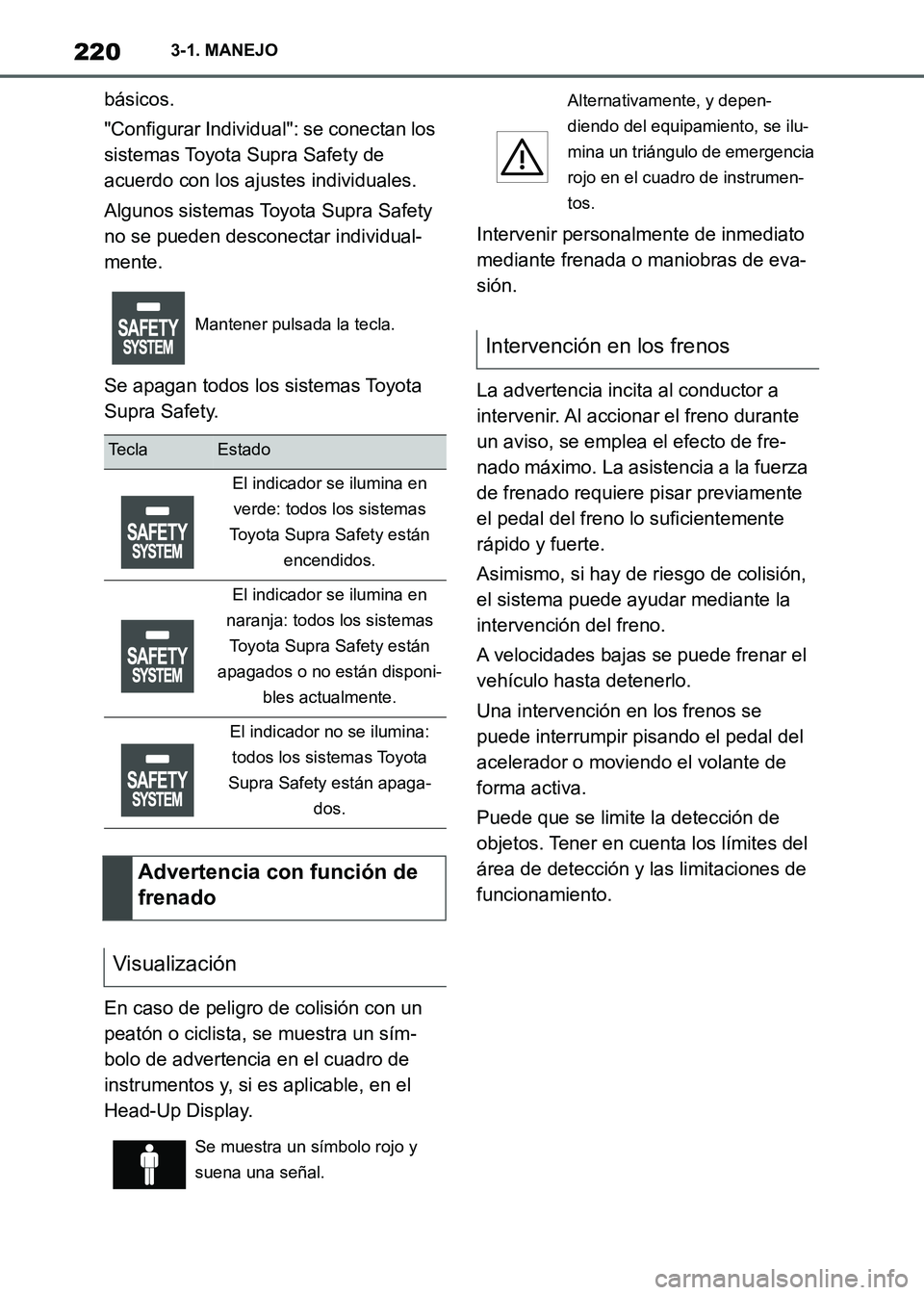 TOYOTA SUPRA 2021  Manuale de Empleo (in Spanish) 2203-1. MANEJO
Supra Owners Manual_S (from Nov. 20 Prod.)básicos.
"Configurar Individual": se conectan los 
sistemas Toyota Supra Safety de 
acuerdo con los ajustes individuales.
Algunos sistemas T