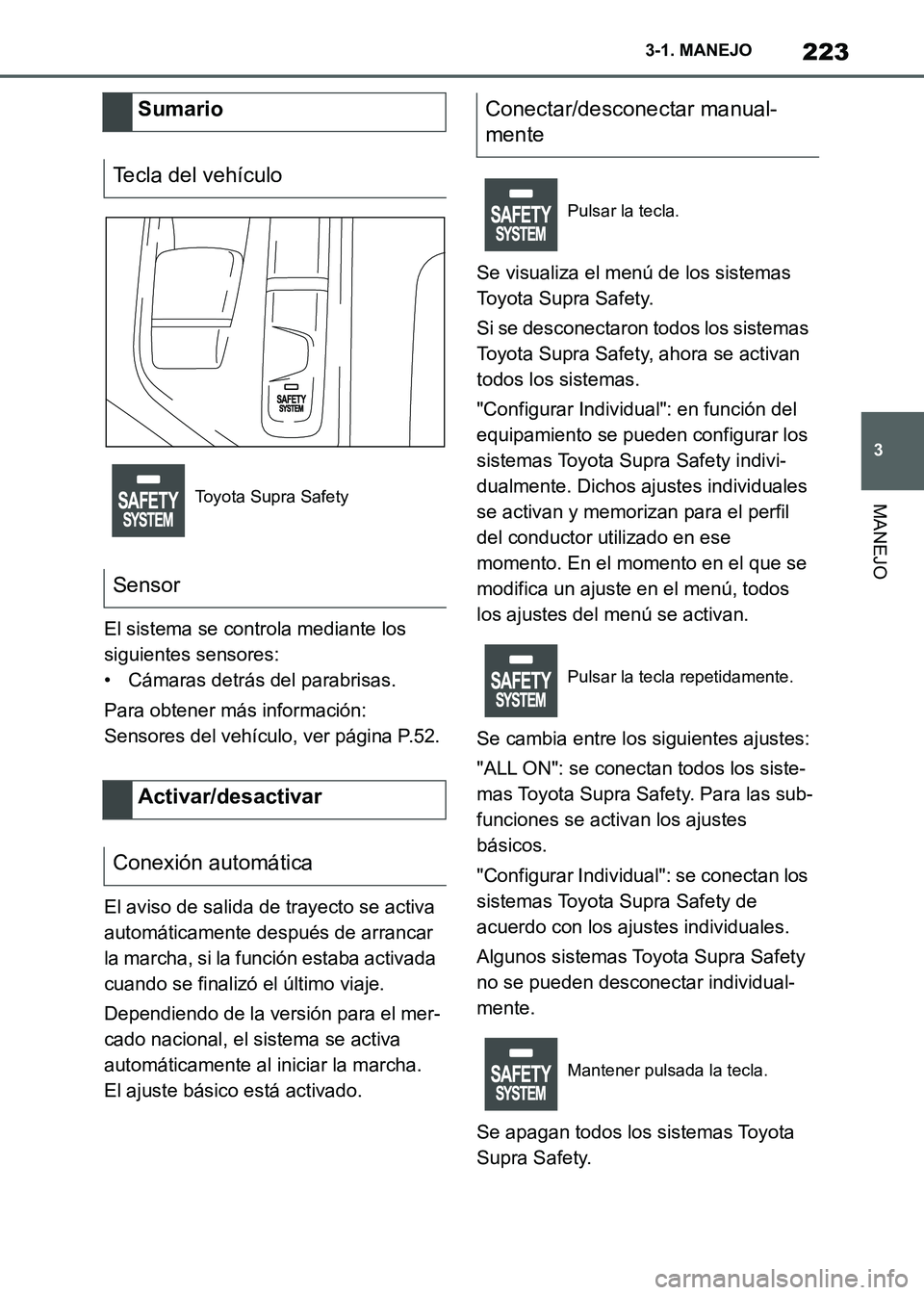 TOYOTA SUPRA 2021  Manuale de Empleo (in Spanish) 223
3 3-1. MANEJO
MANEJO
Supra Owners Manual_S (from Nov. 20 Prod.)El sistema se controla mediante los 
siguientes sensores:
• Cámaras detrás del parabrisas.
Para obtener más información:
Sens