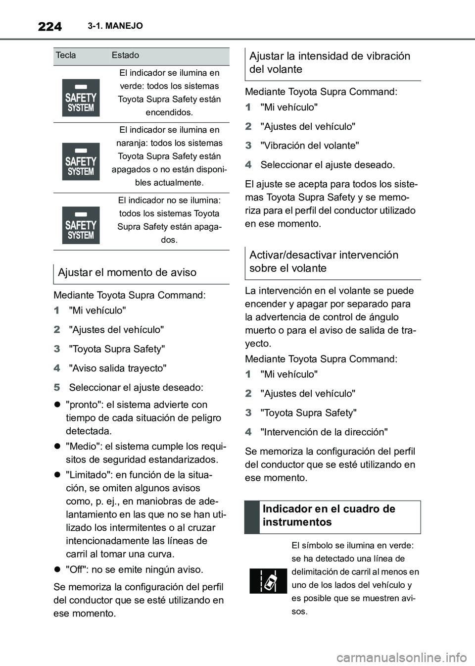TOYOTA SUPRA 2021  Manuale de Empleo (in Spanish) 2243-1. MANEJO
Supra Owners Manual_S (from Nov. 20 Prod.)Mediante Toyota Supra Command:
1"Mi vehículo"
2"Ajustes del vehículo"
3"Toyota Supra Safety"
4"Aviso salida trayecto"
5Seleccionar el ajust