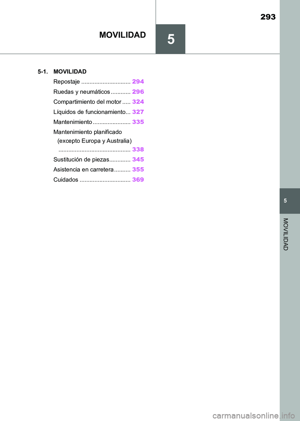 TOYOTA SUPRA 2021  Manuale de Empleo (in Spanish) 5
293
5
MOVILIDAD
Supra Owners Manual_S (from Nov. 20 Prod.)
MOVILIDAD
.5-1. MOVILIDAD
Repostaje ..............................294
Ruedas y neumáticos ............296
Compartimiento del motor .....