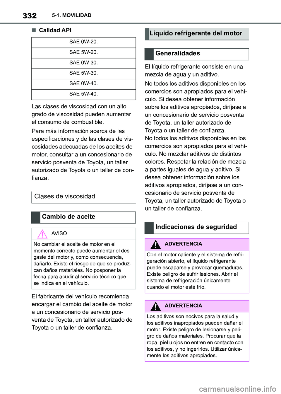 TOYOTA SUPRA 2021  Manuale de Empleo (in Spanish) 3325-1. MOVILIDAD
Supra Owners Manual_S (from Nov. 20 Prod.)
■Calidad API
Las clases de viscosidad con un alto 
grado de viscosidad pueden aumentar 
el consumo de combustible.
Para más informaci