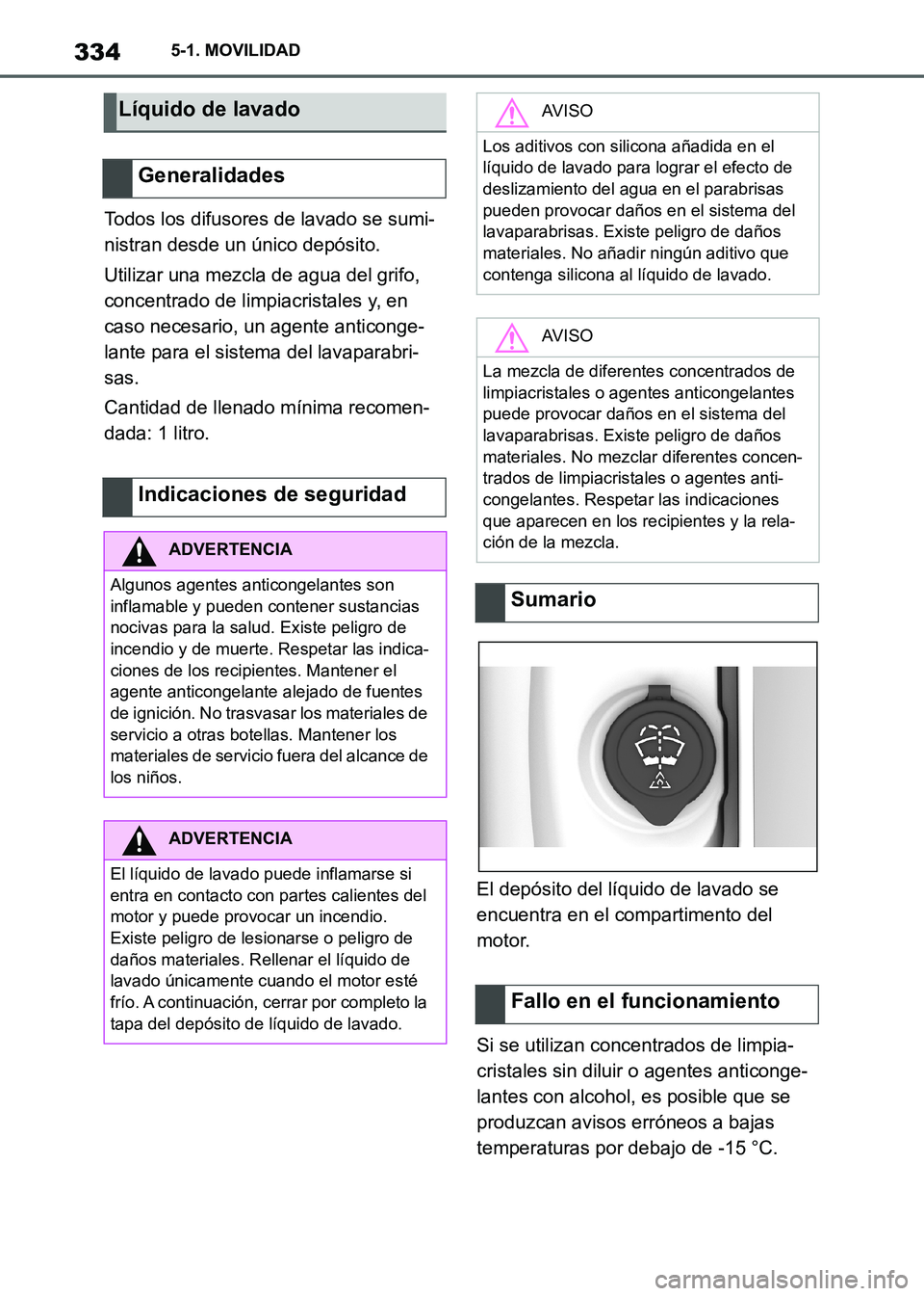 TOYOTA SUPRA 2021  Manuale de Empleo (in Spanish) 3345-1. MOVILIDAD
Supra Owners Manual_S (from Nov. 20 Prod.)Todos los difusores de lavado se sumi-
nistran desde un único depósito.
Utilizar una mezcla de agua del grifo, 
concentrado de limpiacri