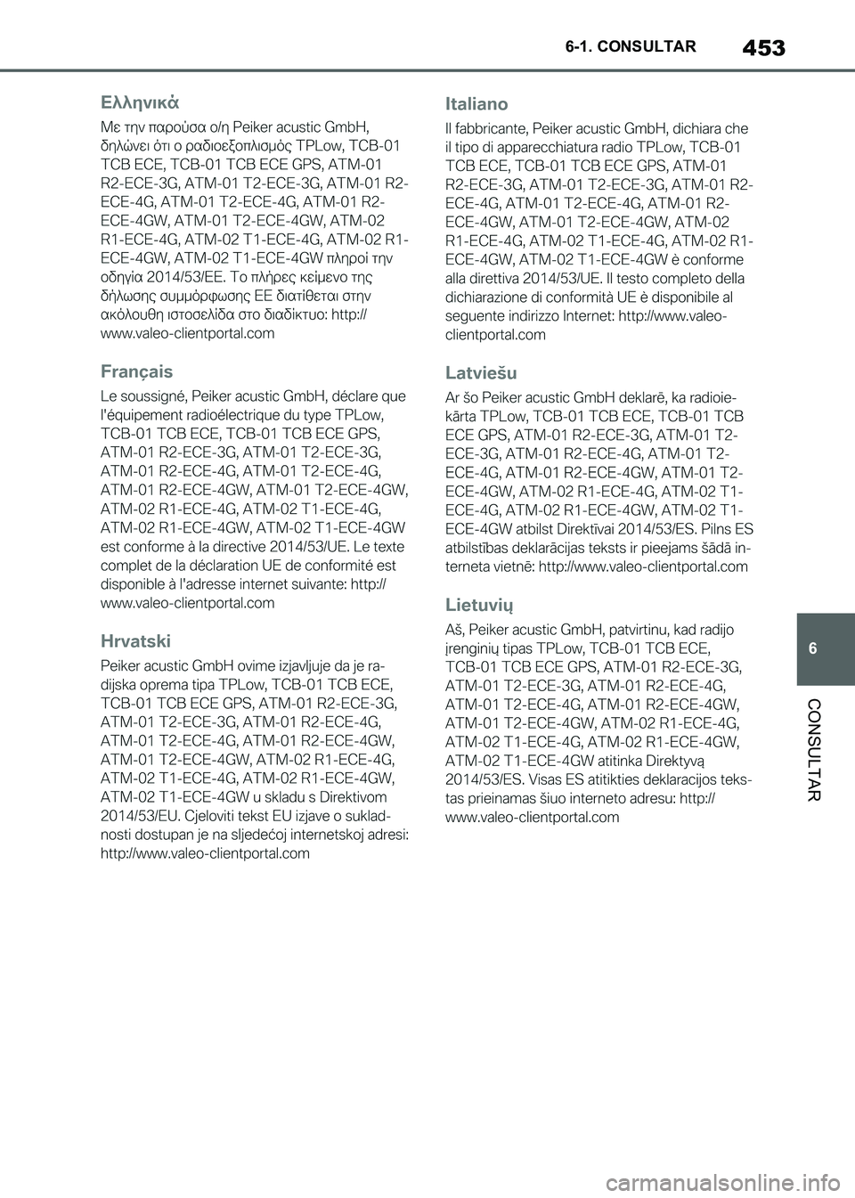 TOYOTA SUPRA 2021  Manuale de Empleo (in Spanish) 453
6 6-1. CONSULTAR
CONSULTAR
Supra Owners Manual_S (from Nov. 20 Prod.)
Supra_OM_Spanish_OM99X80S.book  453 ページ  ２０２０年８月２６日　水曜日　午後１時３１分 