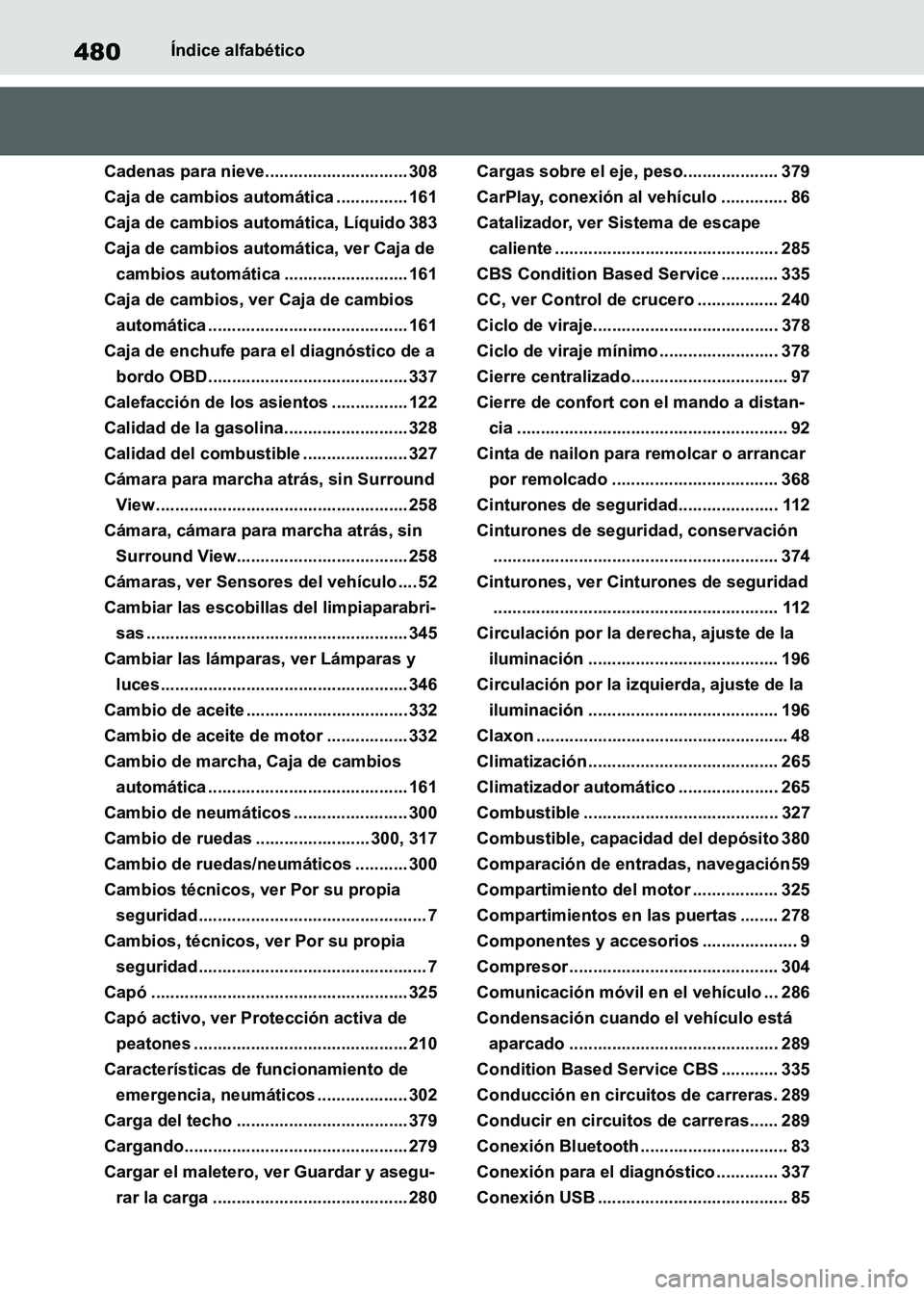 TOYOTA SUPRA 2021  Manuale de Empleo (in Spanish) 480Índice alfabético
Supra Owners Manual_S (from Nov. 20 Prod.)
Cadenas para nieve.............................. 308
Caja de cambios automática ............... 161
Caja de cambios automática, L