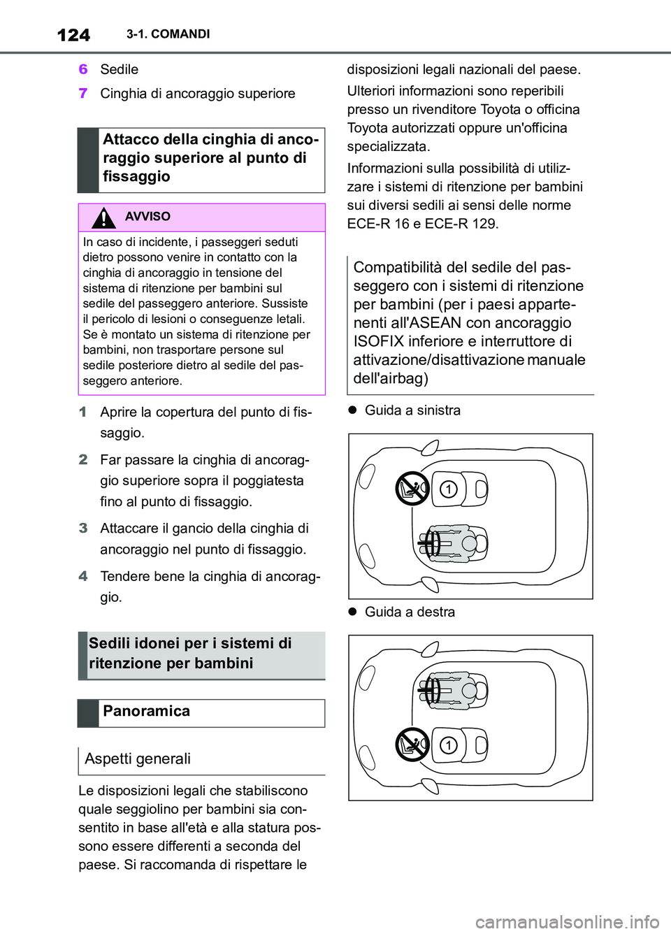 TOYOTA SUPRA 2021 Manuale duso (in Italian) 1243-1. COMANDI
Supra Owners Manual_L (from Nov. 20 Prod.)6Sedile
7Cinghia di ancoraggio superiore
1Aprire la copertura del punto di fis-
saggio.
2Far passare la cinghia di ancorag-
gio superiore so TOYOTA SUPRA 2021 Manuale duso (in Italian) 1243-1. COMANDI
Supra Owners Manual_L (from Nov. 20 Prod.)6Sedile
7Cinghia di ancoraggio superiore
1Aprire la copertura del punto di fis-
saggio.
2Far passare la cinghia di ancorag-
gio superiore so