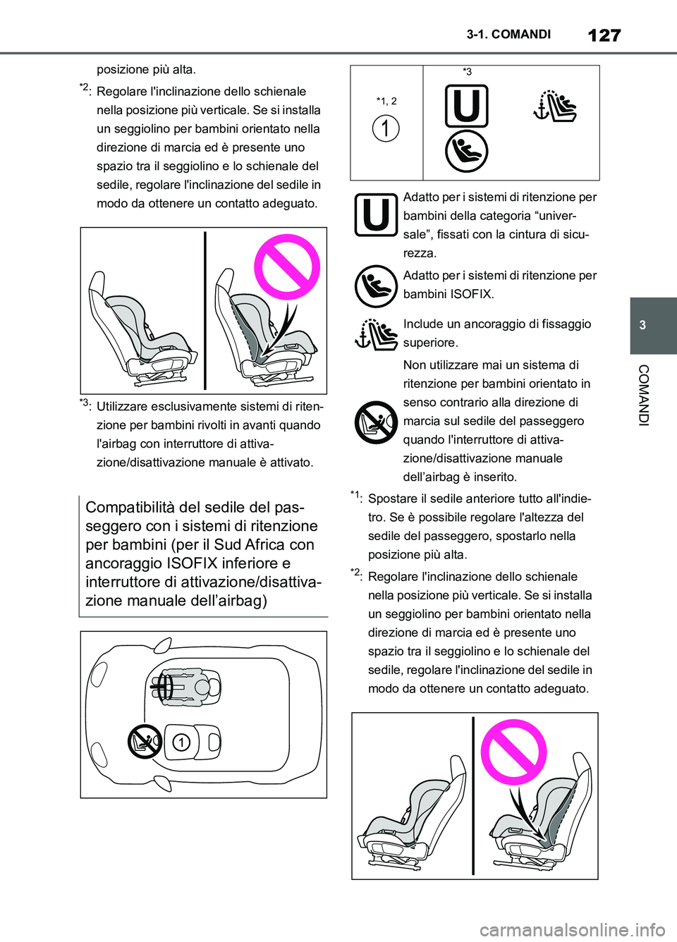 TOYOTA SUPRA 2021 Manuale duso (in Italian) 127
3 3-1. COMANDI
COMANDI
Supra Owners Manual_L (from Nov. 20 Prod.)
posizione più alta.
*2: Regolare linclinazione dello schienale
nella posizione più verticale. Se si installa
un seggiolino TOYOTA SUPRA 2021 Manuale duso (in Italian) 127
3 3-1. COMANDI
COMANDI
Supra Owners Manual_L (from Nov. 20 Prod.)
posizione più alta.
*2: Regolare linclinazione dello schienale
nella posizione più verticale. Se si installa
un seggiolino