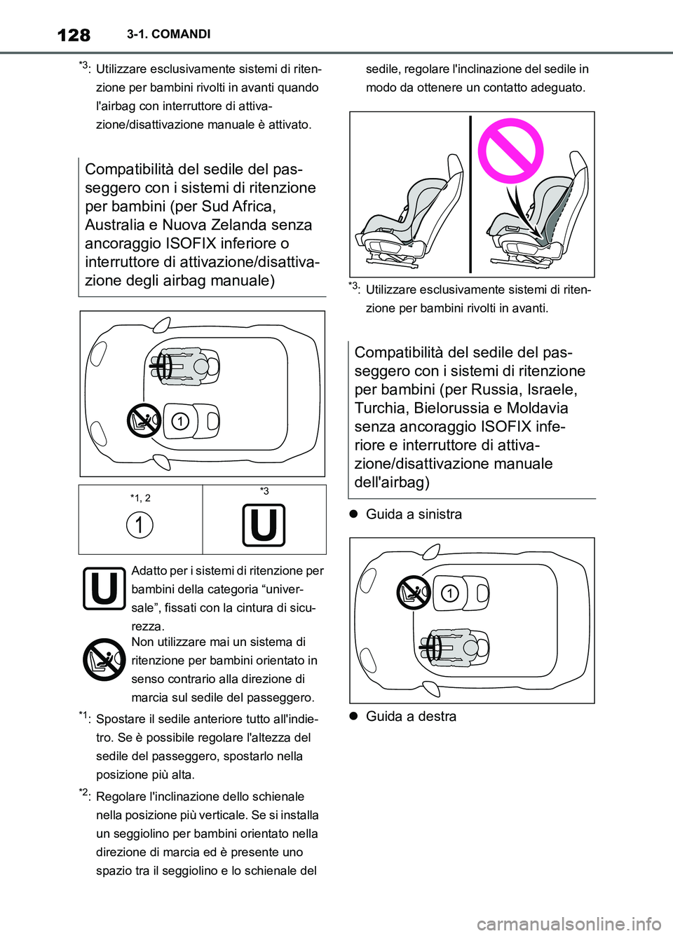 TOYOTA SUPRA 2021 Manuale duso (in Italian) 1283-1. COMANDI
Supra Owners Manual_L (from Nov. 20 Prod.)
*3: Utilizzare esclusivamente sistemi di riten-
zione per bambini rivolti in avanti quando
lairbag con interruttore di attiva-
zione/disa TOYOTA SUPRA 2021 Manuale duso (in Italian) 1283-1. COMANDI
Supra Owners Manual_L (from Nov. 20 Prod.)
*3: Utilizzare esclusivamente sistemi di riten-
zione per bambini rivolti in avanti quando
lairbag con interruttore di attiva-
zione/disa