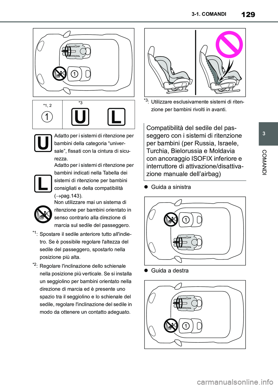 TOYOTA SUPRA 2021 Manuale duso (in Italian) 129
3 3-1. COMANDI
COMANDI
Supra Owners Manual_L (from Nov. 20 Prod.)
*1: Spostare il sedile anteriore tutto allindie-
tro. Se è possibile regolare laltezza del
sedile del passeggero, spostarlo TOYOTA SUPRA 2021 Manuale duso (in Italian) 129
3 3-1. COMANDI
COMANDI
Supra Owners Manual_L (from Nov. 20 Prod.)
*1: Spostare il sedile anteriore tutto allindie-
tro. Se è possibile regolare laltezza del
sedile del passeggero, spostarlo