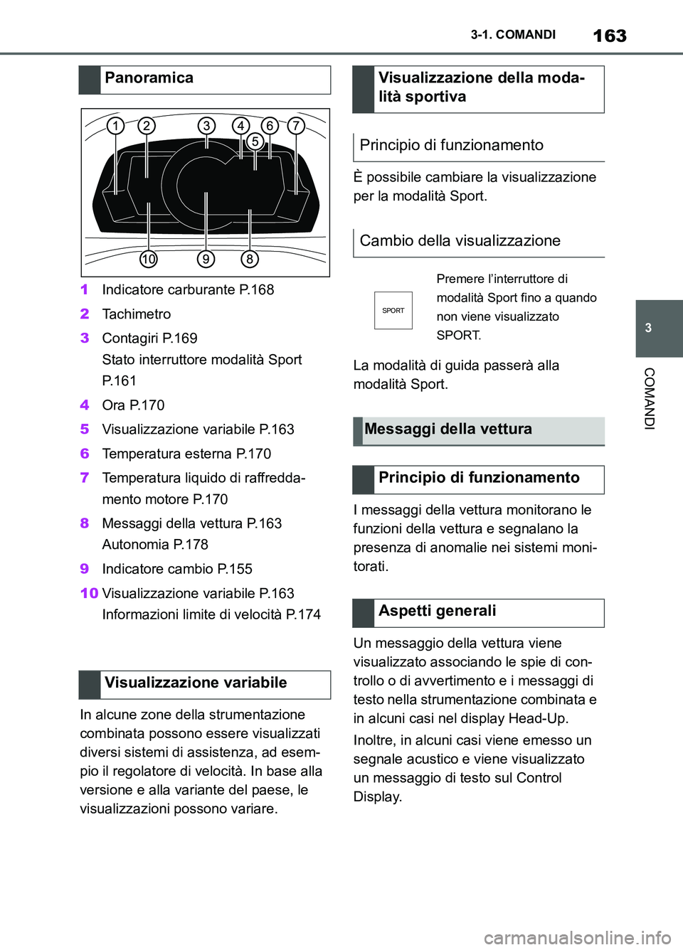 TOYOTA SUPRA 2021  Manuale duso (in Italian) 163
3 3-1. COMANDI
COMANDI
Supra Owners Manual_L (from Nov. 20 Prod.)1Indicatore carburante P.168
2Ta c h i m e t r o
3Contagiri P.169
Stato interruttore modalità Sport 
P.161
4Ora P.170
5Visualizz
