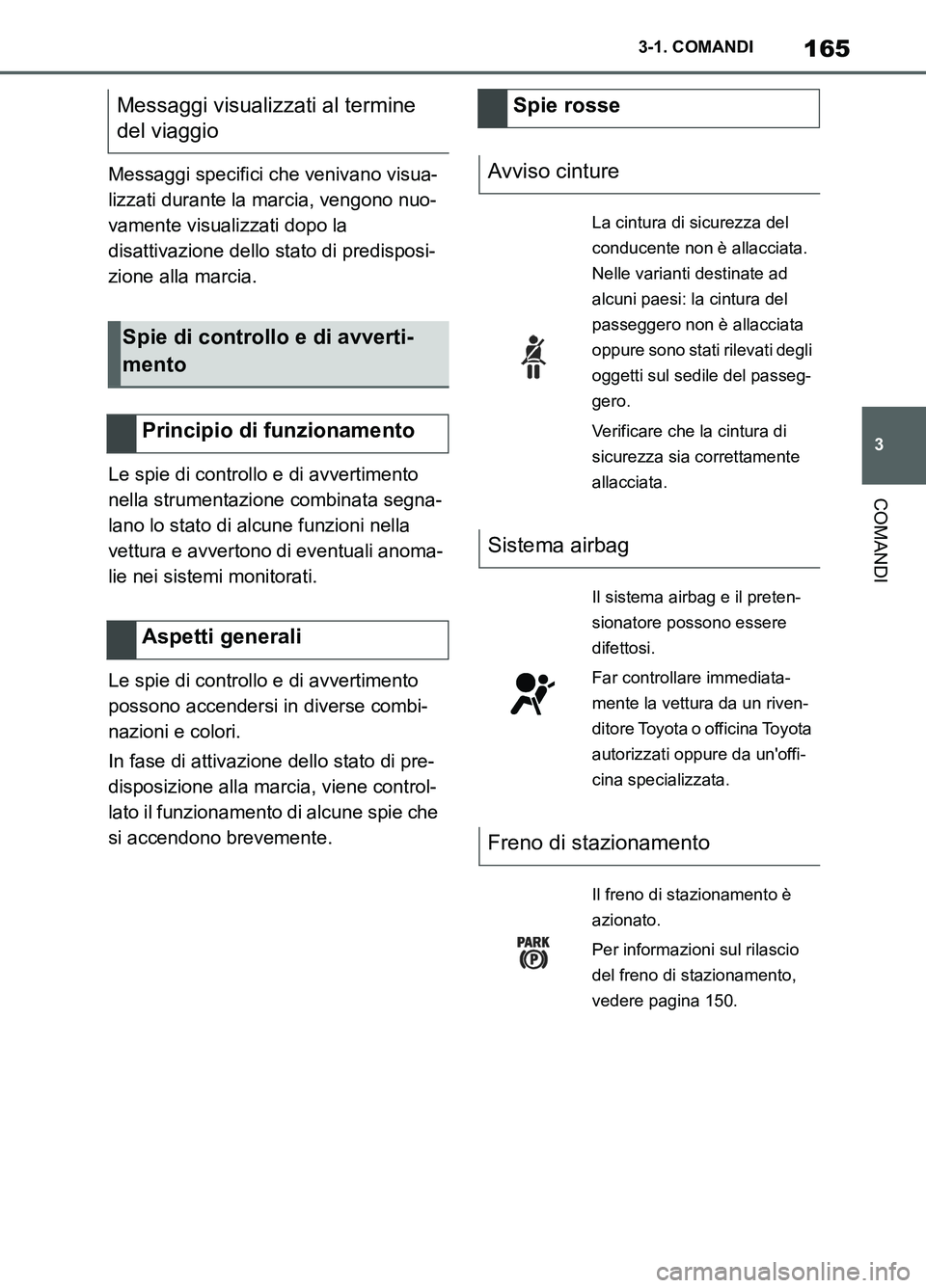 TOYOTA SUPRA 2021  Manuale duso (in Italian) 165
3 3-1. COMANDI
COMANDI
Supra Owners Manual_L (from Nov. 20 Prod.)Messaggi specifici che venivano visua-
lizzati durante la marcia, vengono nuo-
vamente visualizzati dopo la 
disattivazione dello