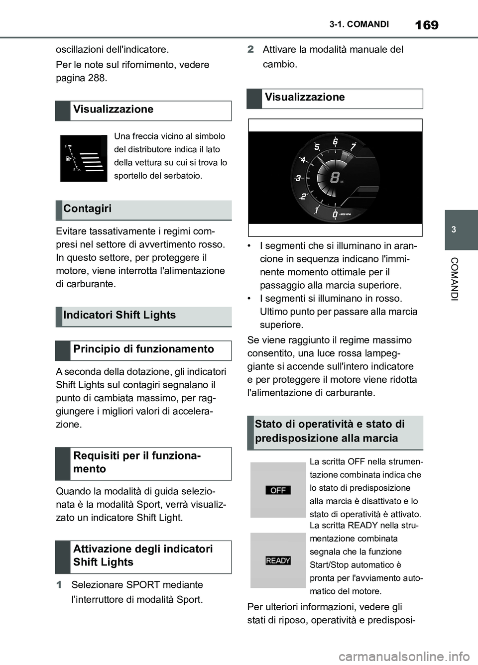 TOYOTA SUPRA 2021  Manuale duso (in Italian) 169
3 3-1. COMANDI
COMANDI
Supra Owners Manual_L (from Nov. 20 Prod.)oscillazioni dellindicatore.
Per le note sul rifornimento, vedere 
pagina 288.
Evitare tassativamente i regimi com-
presi nel se