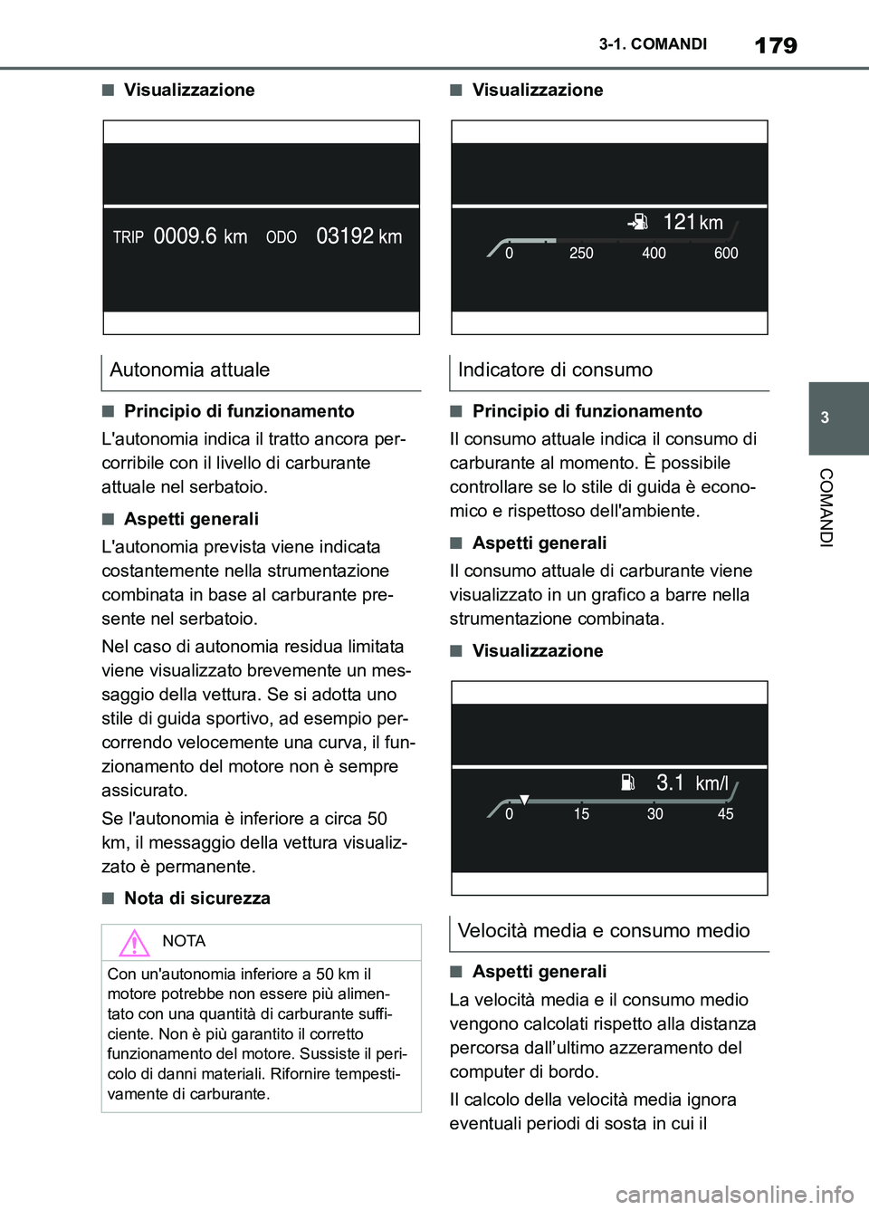 TOYOTA SUPRA 2021 Manuale duso (in Italian) 179
3 3-1. COMANDI
COMANDI
Supra Owners Manual_L (from Nov. 20 Prod.)
■Visualizzazione
■Principio di funzionamento
Lautonomia indica il tratto ancora per-
corribile con il livello di carburante TOYOTA SUPRA 2021 Manuale duso (in Italian) 179
3 3-1. COMANDI
COMANDI
Supra Owners Manual_L (from Nov. 20 Prod.)
■Visualizzazione
■Principio di funzionamento
Lautonomia indica il tratto ancora per-
corribile con il livello di carburante