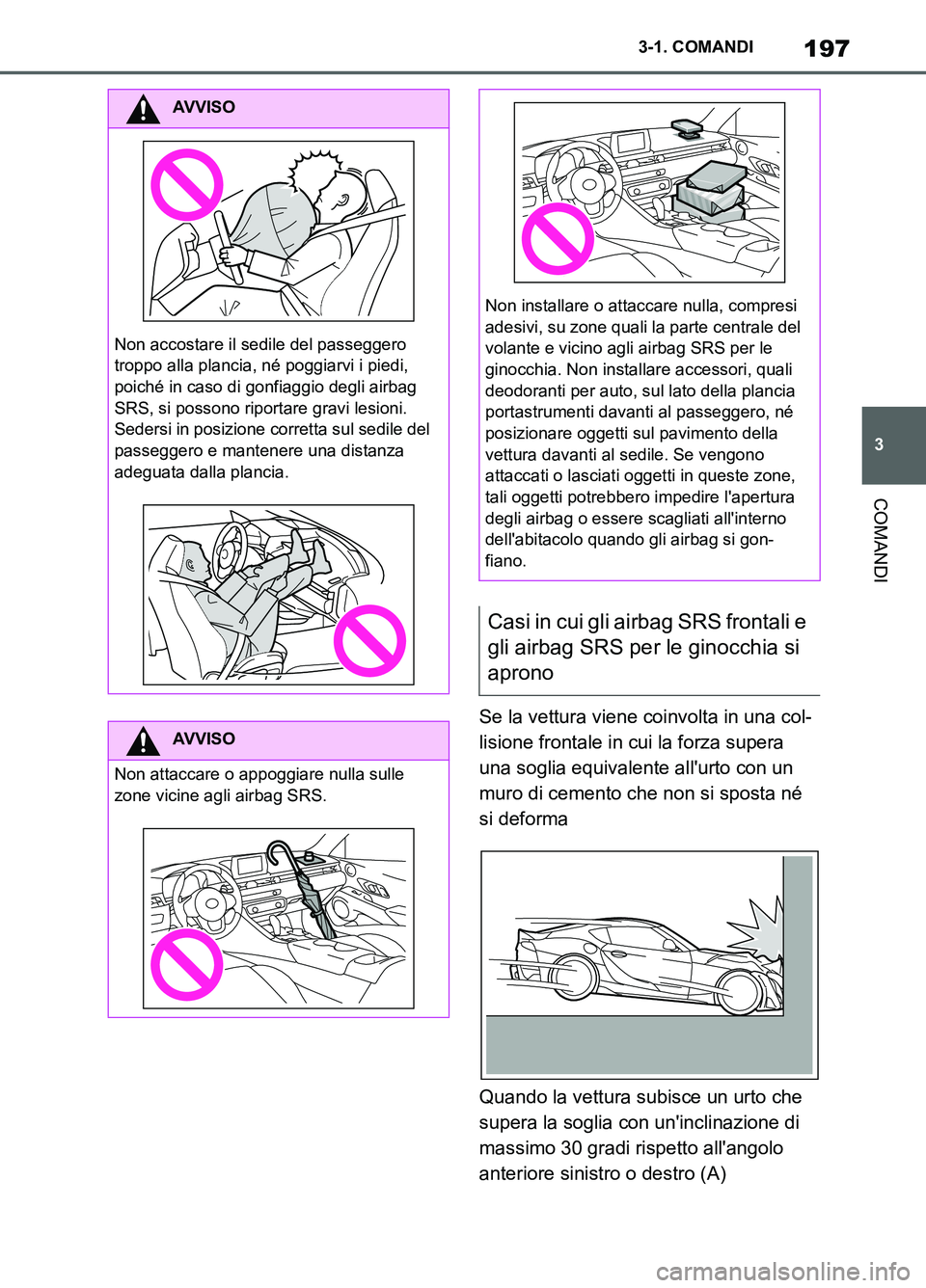 TOYOTA SUPRA 2021 Manuale duso (in Italian) 197
3 3-1. COMANDI
COMANDI
Supra Owners Manual_L (from Nov. 20 Prod.)Se la vettura viene coinvolta in una col-
lisione frontale in cui la forza supera
una soglia equivalente allurto con un
muro d TOYOTA SUPRA 2021 Manuale duso (in Italian) 197
3 3-1. COMANDI
COMANDI
Supra Owners Manual_L (from Nov. 20 Prod.)Se la vettura viene coinvolta in una col-
lisione frontale in cui la forza supera
una soglia equivalente allurto con un
muro d