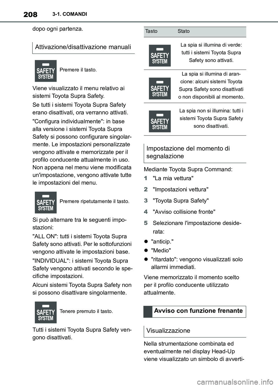 TOYOTA SUPRA 2021  Manuale duso (in Italian) 2083-1. COMANDI
Supra Owners Manual_L (from Nov. 20 Prod.)dopo ogni partenza.
Viene visualizzato il menu relativo ai 
sistemi Toyota Supra Safety.
Se tutti i sistemi Toyota Supra Safety 
erano disat