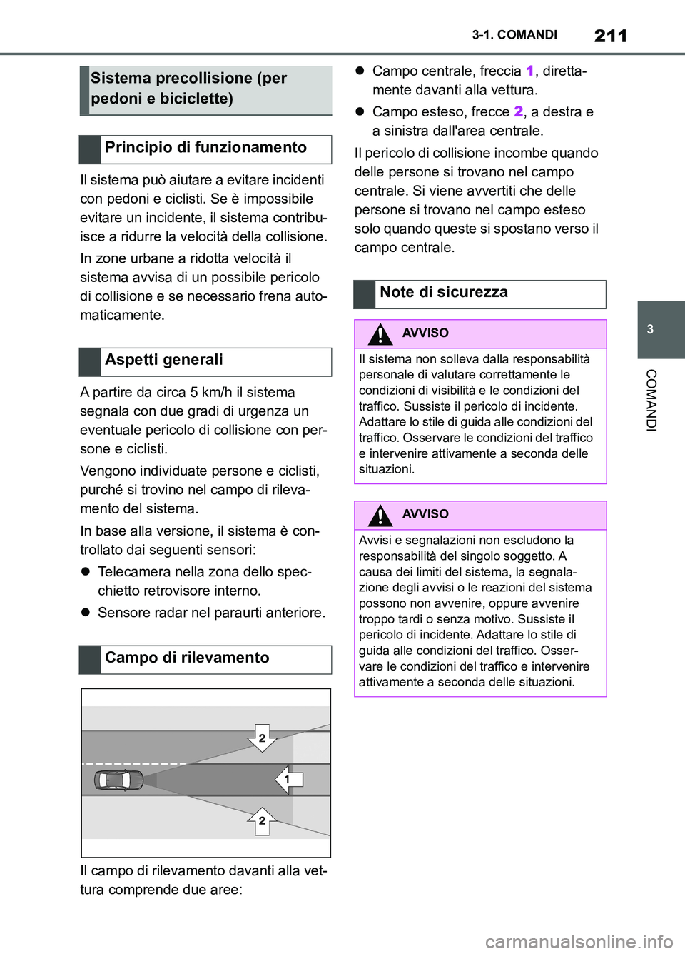 TOYOTA SUPRA 2021 Manuale duso (in Italian) 211
3 3-1. COMANDI
COMANDI
Supra Owners Manual_L (from Nov. 20 Prod.)Il sistema può aiutare a evitare incidenti
con pedoni e ciclisti. Se è impossibile
evitare un incidente, il sistema contribu- TOYOTA SUPRA 2021 Manuale duso (in Italian) 211
3 3-1. COMANDI
COMANDI
Supra Owners Manual_L (from Nov. 20 Prod.)Il sistema può aiutare a evitare incidenti
con pedoni e ciclisti. Se è impossibile
evitare un incidente, il sistema contribu-