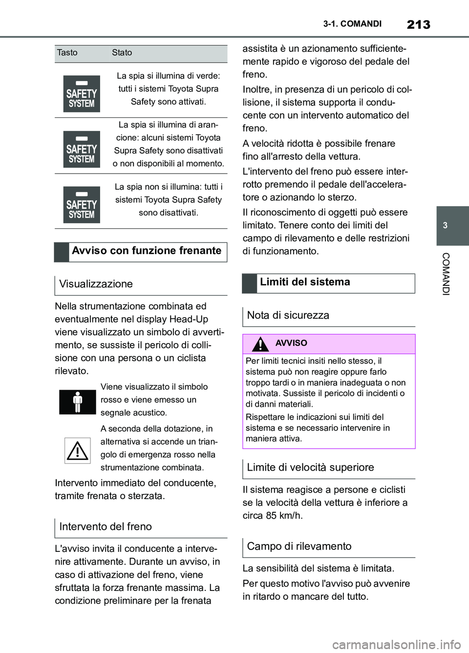 TOYOTA SUPRA 2021 Manuale duso (in Italian) 213
3 3-1. COMANDI
COMANDI
Supra Owners Manual_L (from Nov. 20 Prod.)Nella strumentazione combinata ed
eventualmente nel display Head-Up
viene visualizzato un simbolo di avverti-
mento, se sussist TOYOTA SUPRA 2021 Manuale duso (in Italian) 213
3 3-1. COMANDI
COMANDI
Supra Owners Manual_L (from Nov. 20 Prod.)Nella strumentazione combinata ed
eventualmente nel display Head-Up
viene visualizzato un simbolo di avverti-
mento, se sussist
