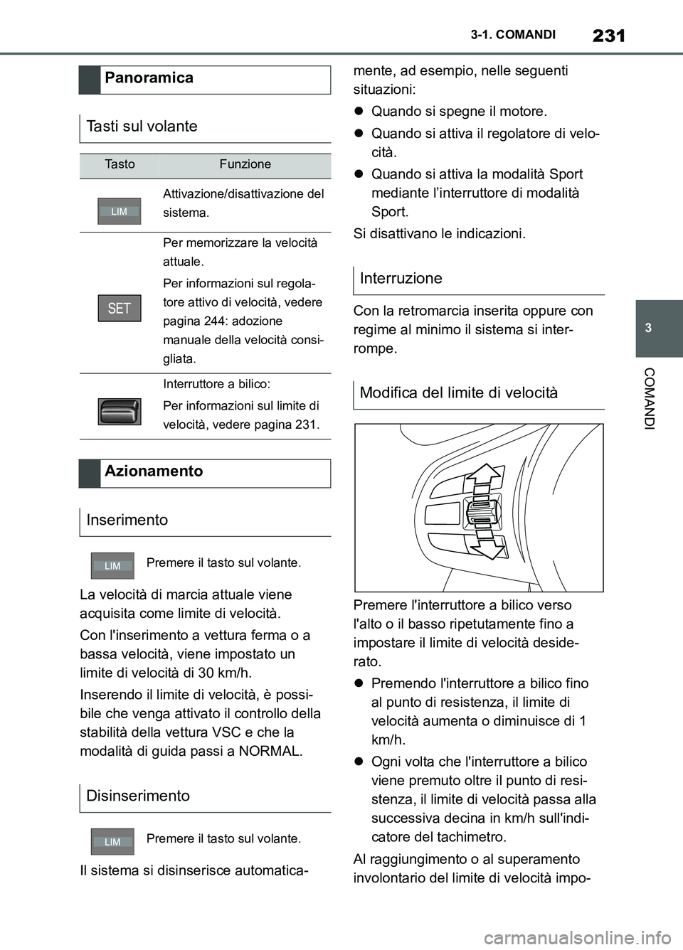 TOYOTA SUPRA 2021 Manuale duso (in Italian) 231
3 3-1. COMANDI
COMANDI
Supra Owners Manual_L (from Nov. 20 Prod.)La velocità di marcia attuale viene
acquisita come limite di velocità.
Con linserimento a vettura ferma o a
bassa velocità, TOYOTA SUPRA 2021 Manuale duso (in Italian) 231
3 3-1. COMANDI
COMANDI
Supra Owners Manual_L (from Nov. 20 Prod.)La velocità di marcia attuale viene
acquisita come limite di velocità.
Con linserimento a vettura ferma o a
bassa velocità,