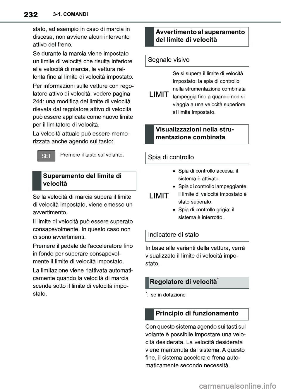 TOYOTA SUPRA 2021 Manuale duso (in Italian) 2323-1. COMANDI
Supra Owners Manual_L (from Nov. 20 Prod.)stato, ad esempio in caso di marcia in
discesa, non avviene alcun intervento
attivo del freno.
Se durante la marcia viene impostato
un li TOYOTA SUPRA 2021 Manuale duso (in Italian) 2323-1. COMANDI
Supra Owners Manual_L (from Nov. 20 Prod.)stato, ad esempio in caso di marcia in
discesa, non avviene alcun intervento
attivo del freno.
Se durante la marcia viene impostato
un li