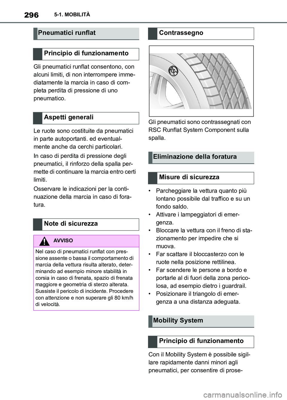 TOYOTA SUPRA 2021 Manuale duso (in Italian) 2965-1. MOBILITÀ
Supra Owners Manual_L (from Nov. 20 Prod.)Gli pneumatici runflat consentono, con
alcuni limiti, di non interrompere imme-
diatamente la marcia in caso di com-
pleta perdita di pre TOYOTA SUPRA 2021 Manuale duso (in Italian) 2965-1. MOBILITÀ
Supra Owners Manual_L (from Nov. 20 Prod.)Gli pneumatici runflat consentono, con
alcuni limiti, di non interrompere imme-
diatamente la marcia in caso di com-
pleta perdita di pre