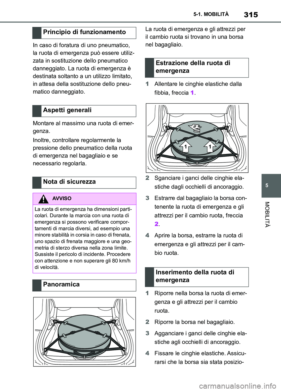 TOYOTA SUPRA 2021  Manuale duso (in Italian) 315
5 5-1. MOBILITÀ
MOBILITÀ
Supra Owners Manual_L (from Nov. 20 Prod.)In caso di foratura di uno pneumatico, 
la ruota di emergenza può essere utiliz-
zata in sostituzione dello pneumatico 
dann