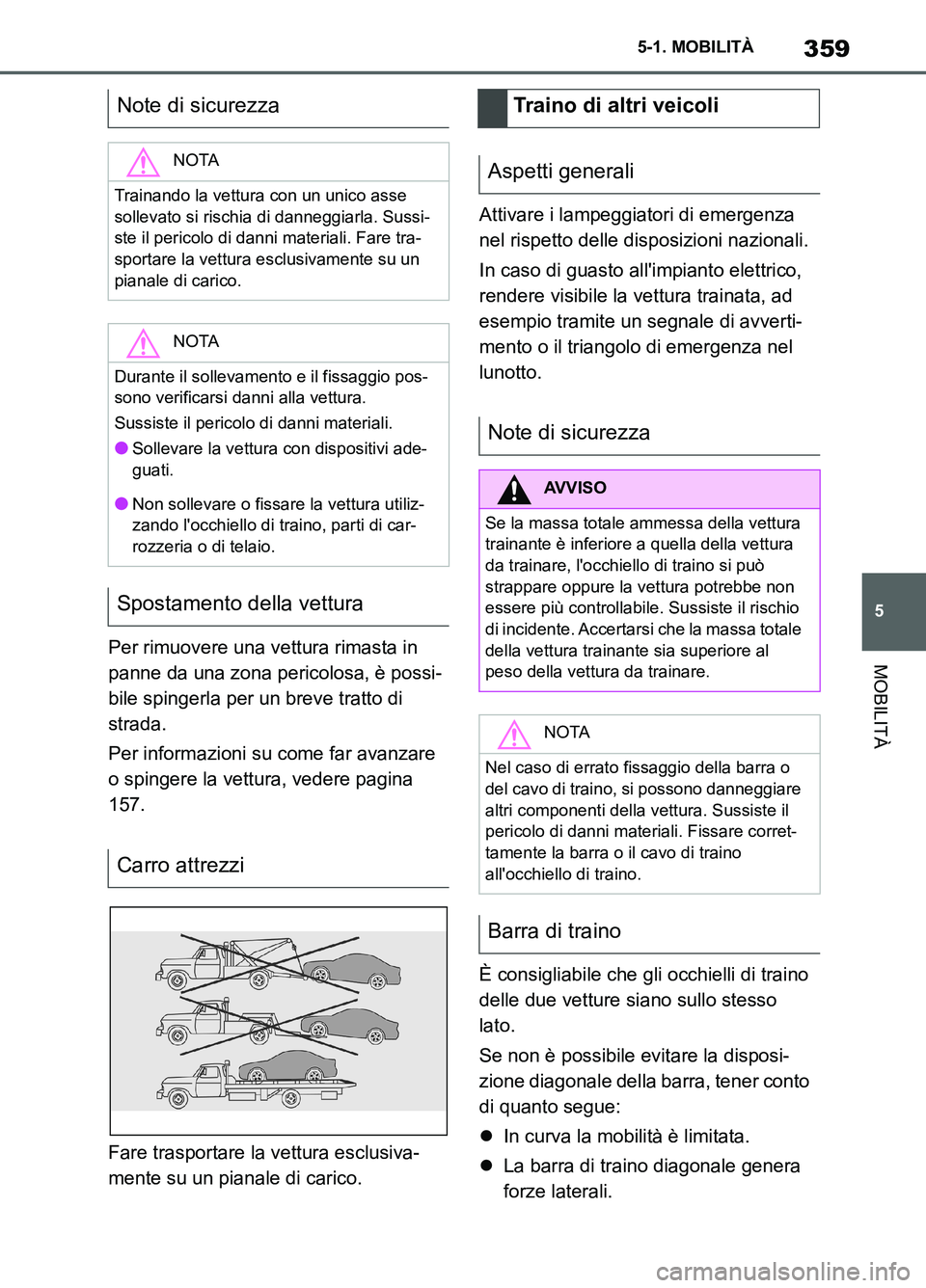 TOYOTA SUPRA 2021 Manuale duso (in Italian) 359
5 5-1. MOBILITÀ
MOBILITÀ
Supra Owners Manual_L (from Nov. 20 Prod.)Per rimuovere una vettura rimasta in
panne da una zona pericolosa, è possi-
bile spingerla per un breve tratto di
strada.
TOYOTA SUPRA 2021 Manuale duso (in Italian) 359
5 5-1. MOBILITÀ
MOBILITÀ
Supra Owners Manual_L (from Nov. 20 Prod.)Per rimuovere una vettura rimasta in
panne da una zona pericolosa, è possi-
bile spingerla per un breve tratto di
strada.