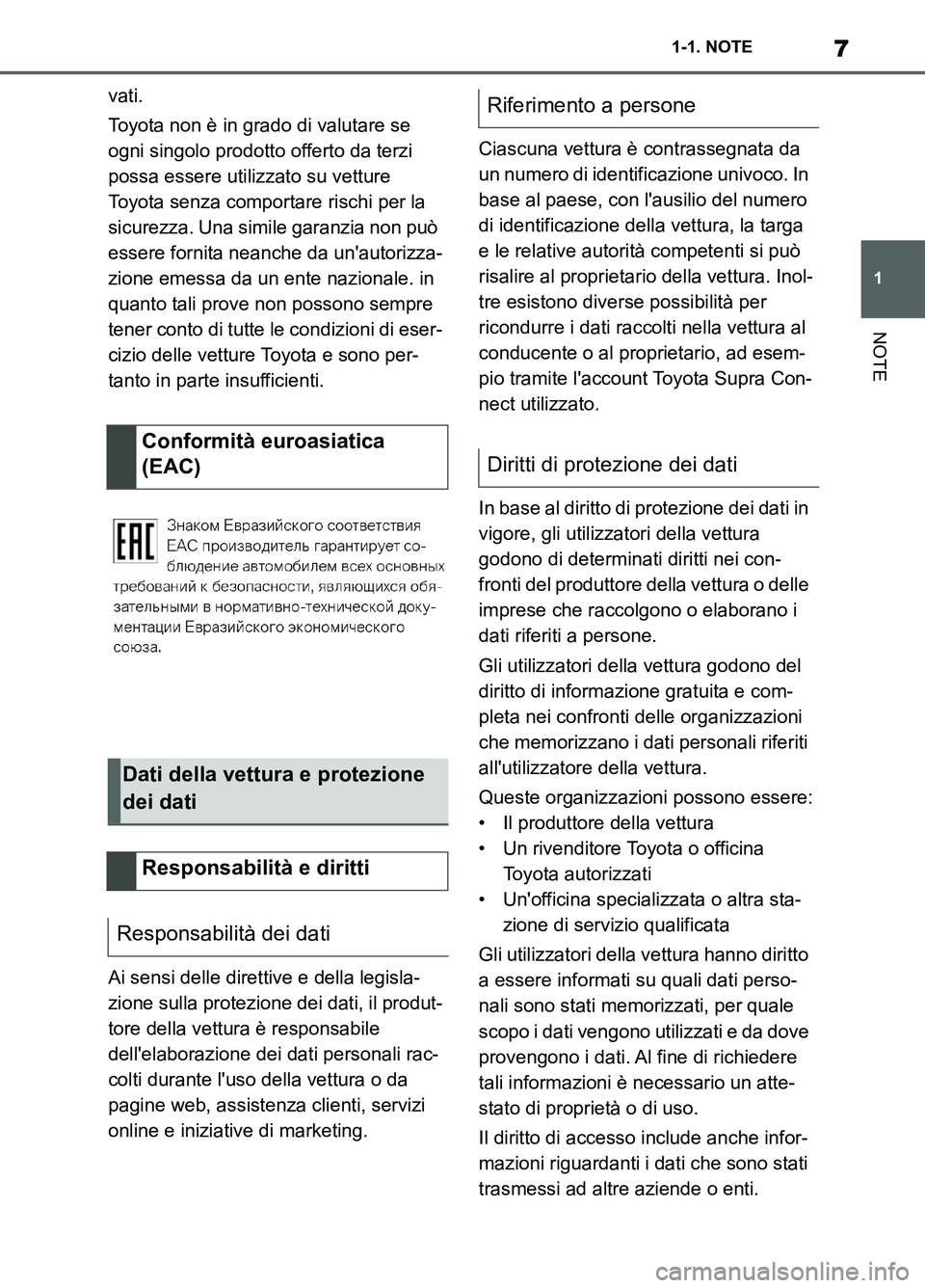 TOYOTA SUPRA 2021  Manuale duso (in Italian) 7
1 1-1. NOTE
NOTE
Supra Owners Manual_L (from Nov. 20 Prod.)vati.
Toyota non è in grado di valutare se 
ogni singolo prodotto offerto da terzi 
possa essere utilizzato su vetture 
Toyota senza com