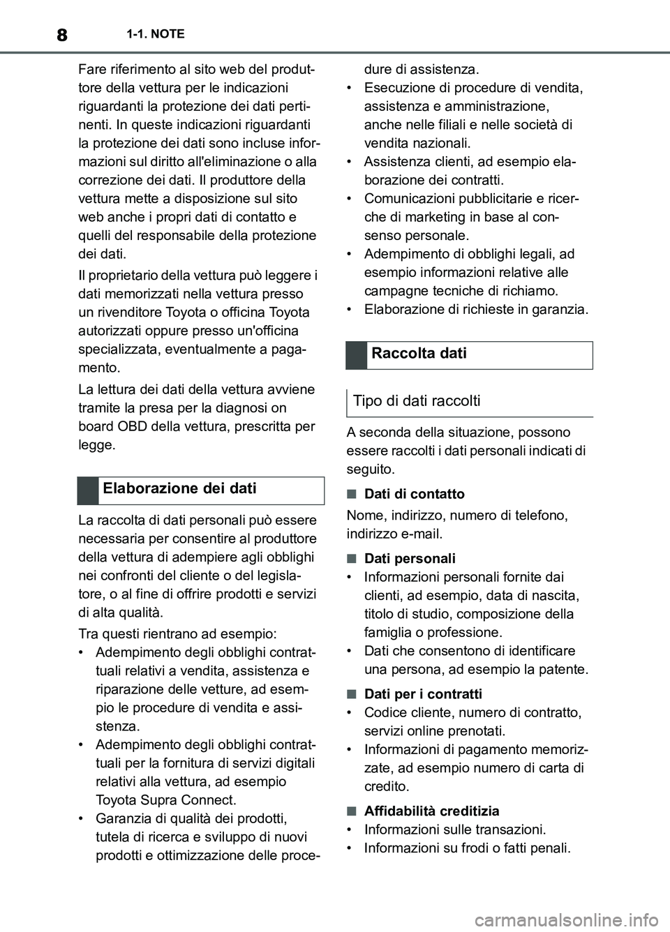 TOYOTA SUPRA 2021  Manuale duso (in Italian) 81-1. NOTE
Supra Owners Manual_L (from Nov. 20 Prod.)Fare riferimento al sito web del produt-
tore della vettura per le indicazioni 
riguardanti la protezione dei dati perti-
nenti. In queste indica