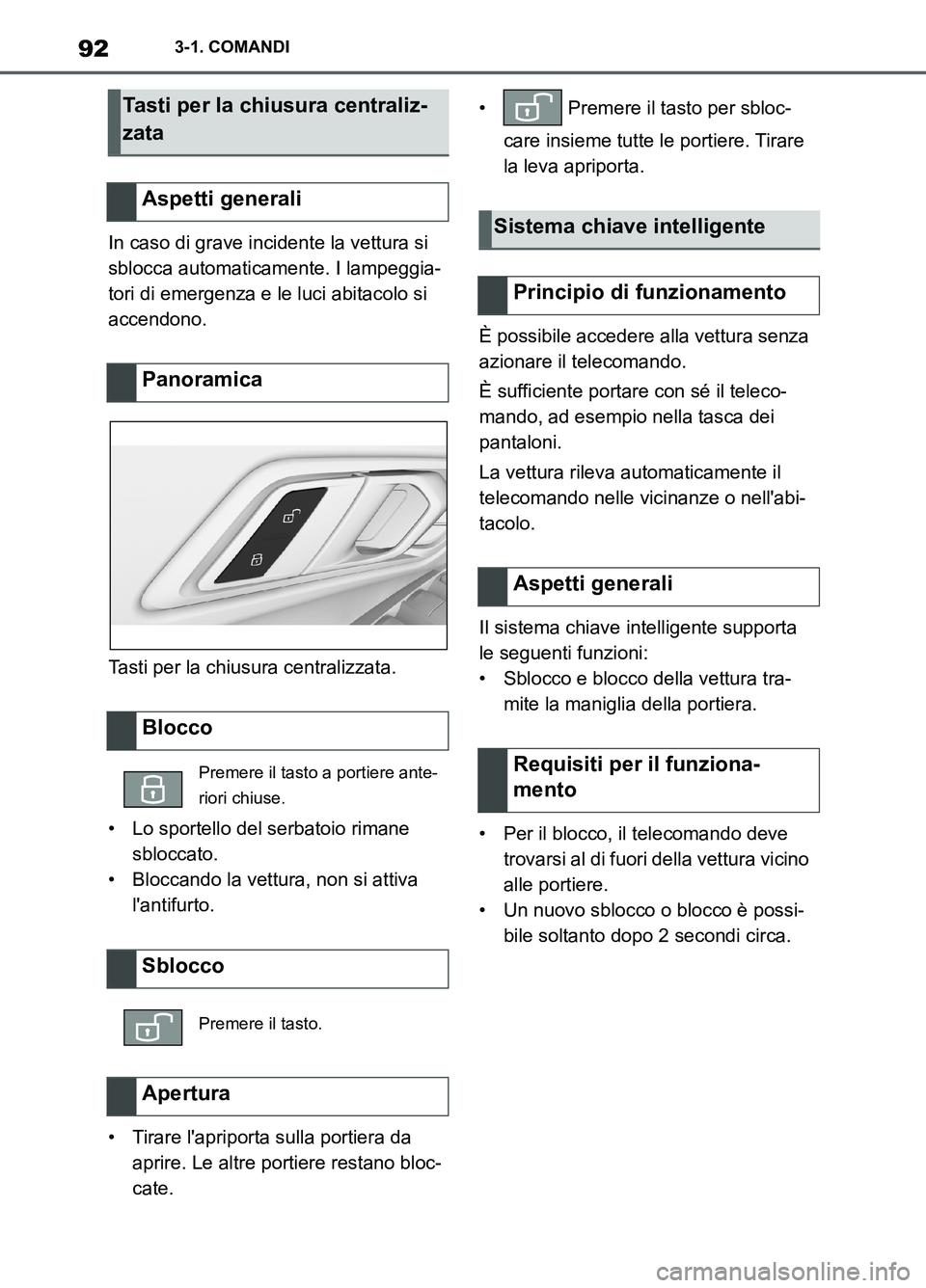 TOYOTA SUPRA 2021 Manuale duso (in Italian) 923-1. COMANDI
Supra Owners Manual_L (from Nov. 20 Prod.)In caso di grave incidente la vettura si
sblocca automaticamente. I lampeggia-
tori di emergenza e le luci abitacolo si
accendono.
Tasti pe TOYOTA SUPRA 2021 Manuale duso (in Italian) 923-1. COMANDI
Supra Owners Manual_L (from Nov. 20 Prod.)In caso di grave incidente la vettura si
sblocca automaticamente. I lampeggia-
tori di emergenza e le luci abitacolo si
accendono.
Tasti pe
