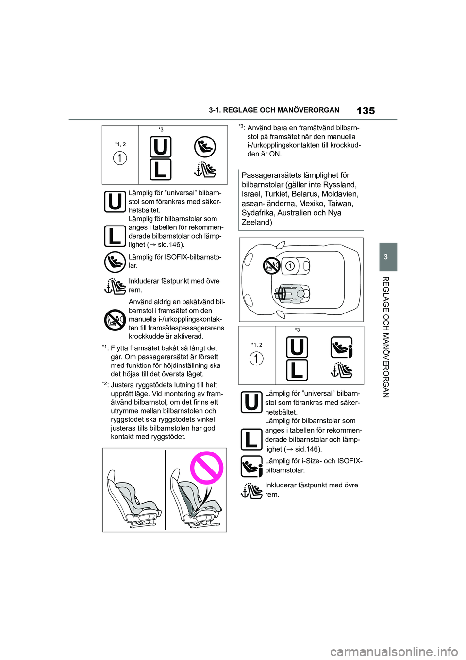 TOYOTA SUPRA 2021 Bruksanvisningar (in Swedish) 135
3
3-1. REGLAGE O
CH MANÖVERORGAN
REGLAGE OCH MANÖVERORGAN
Supra Owners Manual_E (from Nov. 20 Prod.)
*1: Flytta framsätet bakåt så långt det
går. Om passagerarsätet är försett
med fu TOYOTA SUPRA 2021 Bruksanvisningar (in Swedish) 135
3
3-1. REGLAGE O
CH MANÖVERORGAN
REGLAGE OCH MANÖVERORGAN
Supra Owners Manual_E (from Nov. 20 Prod.)
*1: Flytta framsätet bakåt så långt det
går. Om passagerarsätet är försett
med fu