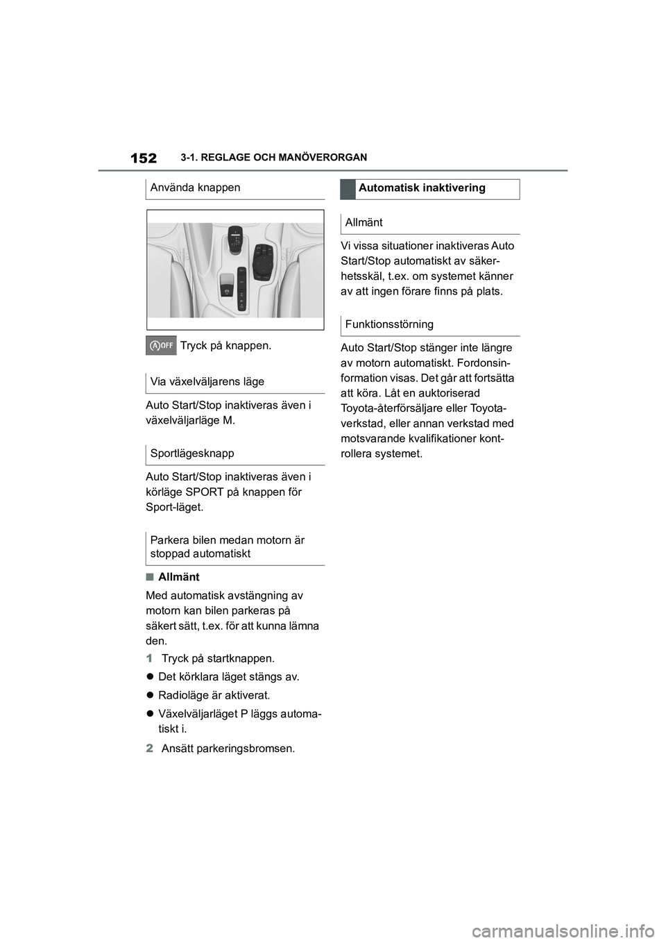 TOYOTA SUPRA 2021 Bruksanvisningar (in Swedish) 1523-1. REGLAGE OCH MANÖVERORGAN
Supra Owners Manual_E (from Nov. 20 Prod.)
Tryck på knappen.
Auto Start/Stop inaktiveras även i
växelväljarläge M.
Auto Start/Stop inaktiveras även i
körl TOYOTA SUPRA 2021 Bruksanvisningar (in Swedish) 1523-1. REGLAGE OCH MANÖVERORGAN
Supra Owners Manual_E (from Nov. 20 Prod.)
Tryck på knappen.
Auto Start/Stop inaktiveras även i
växelväljarläge M.
Auto Start/Stop inaktiveras även i
körl