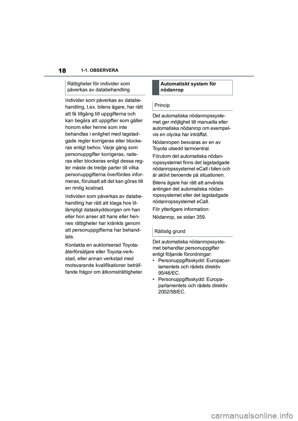 TOYOTA SUPRA 2021  Bruksanvisningar (in Swedish) 181-1. OBSERVERA
Supra Owners Manual_E (from Nov. 20 Prod.)
Individer som påverkas av databe-
handling, t.ex. bilens ägare, har rätt 
att få tillgång till uppgifterna och 
kan begära att uppgi