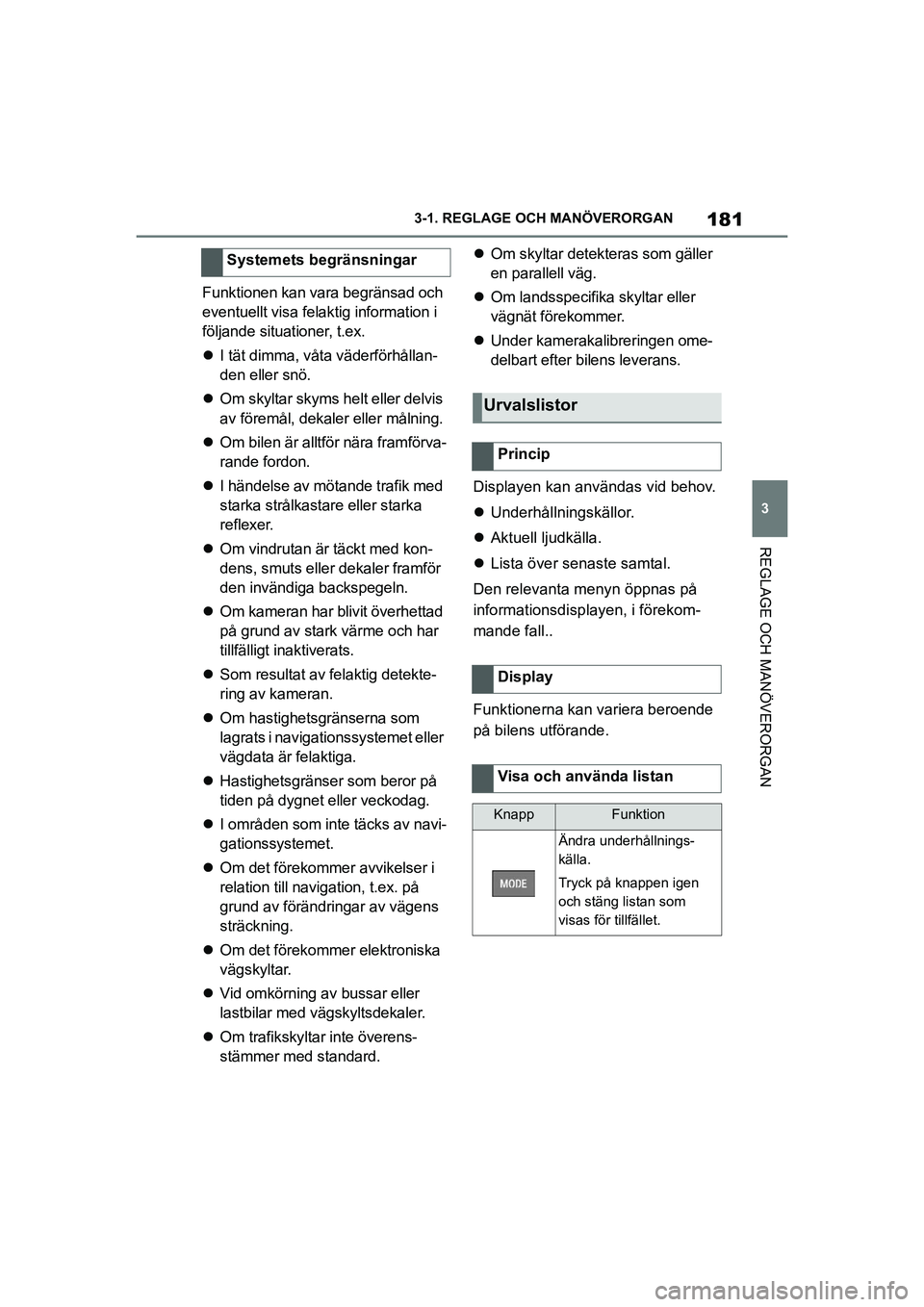 TOYOTA SUPRA 2021 Bruksanvisningar (in Swedish) 181
3
3-1. REGLAGE O
CH MANÖVERORGAN
REGLAGE OCH MANÖVERORGAN
Supra Owners Manual_E (from Nov. 20 Prod.)
Funktionen kan vara begränsad och
eventuellt visa felaktig information i
följande situa TOYOTA SUPRA 2021 Bruksanvisningar (in Swedish) 181
3
3-1. REGLAGE O
CH MANÖVERORGAN
REGLAGE OCH MANÖVERORGAN
Supra Owners Manual_E (from Nov. 20 Prod.)
Funktionen kan vara begränsad och
eventuellt visa felaktig information i
följande situa