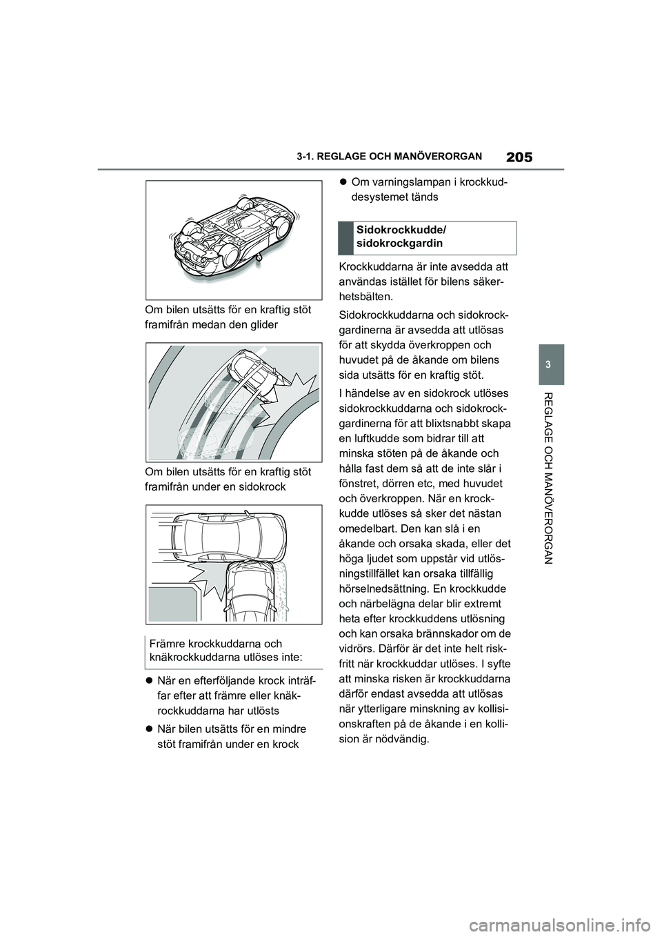 TOYOTA SUPRA 2021 Bruksanvisningar (in Swedish) 205
3
3-1. REGLAGE O
CH MANÖVERORGAN
REGLAGE OCH MANÖVERORGAN
Supra Owners Manual_E (from Nov. 20 Prod.)
Om bilen utsätts för en kraftig stöt
framifrån medan den glider
Om bilen utsätts för TOYOTA SUPRA 2021 Bruksanvisningar (in Swedish) 205
3
3-1. REGLAGE O
CH MANÖVERORGAN
REGLAGE OCH MANÖVERORGAN
Supra Owners Manual_E (from Nov. 20 Prod.)
Om bilen utsätts för en kraftig stöt
framifrån medan den glider
Om bilen utsätts för