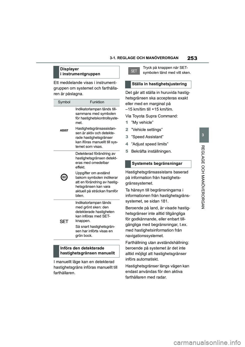 TOYOTA SUPRA 2021  Bruksanvisningar (in Swedish) 253
3
3-1. REGLAGE O
CH MANÖVERORGAN
REGLAGE OCH MANÖVERORGAN
Supra Owners Manual_E (from Nov. 20 Prod.)
Ett meddelande visas i instrument-
gruppen om systemet och farthålla-
ren är påslagna.
I