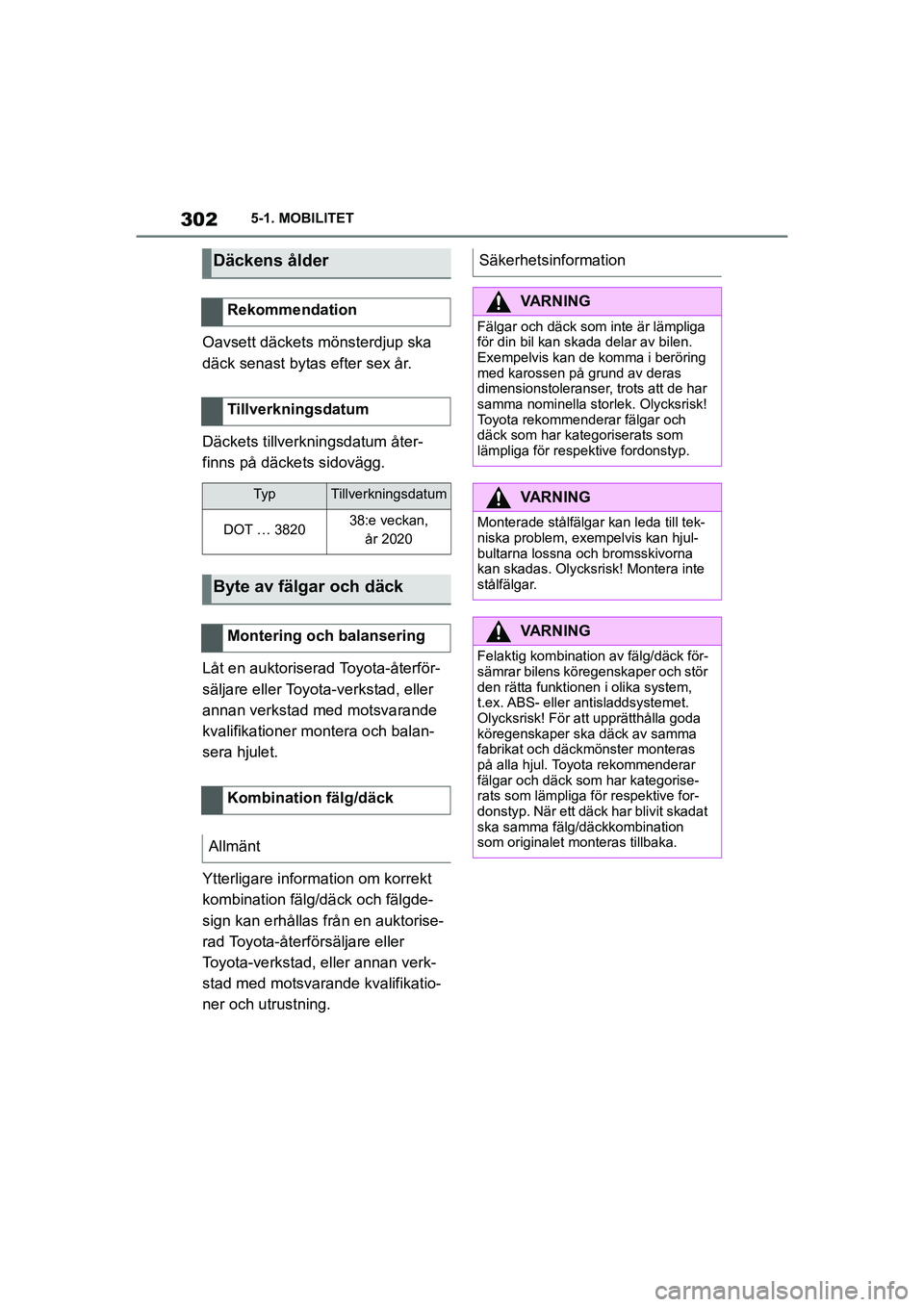 TOYOTA SUPRA 2021 Bruksanvisningar (in Swedish) 3025-1. MOBILITET
Supra Owners Manual_E (from Nov. 20 Prod.)
Oavsett däckets mönsterdjup ska
däck senast bytas efter sex år.
Däckets tillverkningsdatum åter-
finns på däckets sidovägg.
Lå TOYOTA SUPRA 2021 Bruksanvisningar (in Swedish) 3025-1. MOBILITET
Supra Owners Manual_E (from Nov. 20 Prod.)
Oavsett däckets mönsterdjup ska
däck senast bytas efter sex år.
Däckets tillverkningsdatum åter-
finns på däckets sidovägg.
Lå