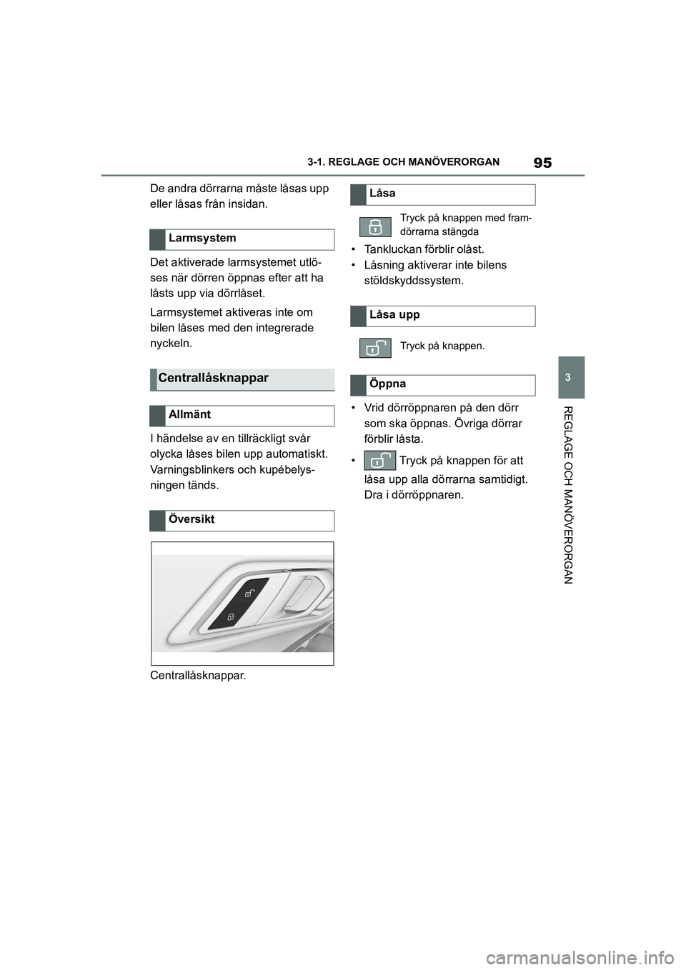 TOYOTA SUPRA 2021  Bruksanvisningar (in Swedish) 95
3
3-1. REGLAGE O
CH MANÖVERORGAN
REGLAGE OCH MANÖVERORGAN
Supra Owners Manual_E (from Nov. 20 Prod.)
De andra dörrarna måste låsas upp 
eller låsas från insidan.
Det aktiverade larmsysteme