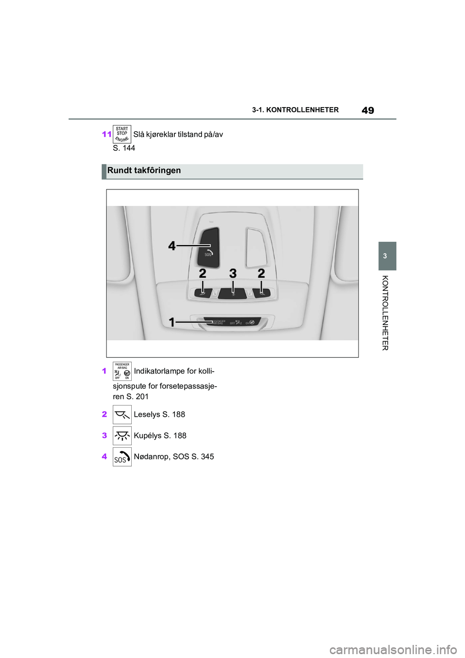 TOYOTA SUPRA 2021  Instruksjoner for bruk (in Norwegian) 49
3
3-1. KONTROLLENHETER
KONTROLLENHETER
Supra Brukerhåndbok_N (fra nov. 20 Prod.)
11
 Slå kjøreklar tilstand på/av 
S. 144
1  Indikatorlampe for kolli-
sjonspute for forsetepassasje-
ren S. 201